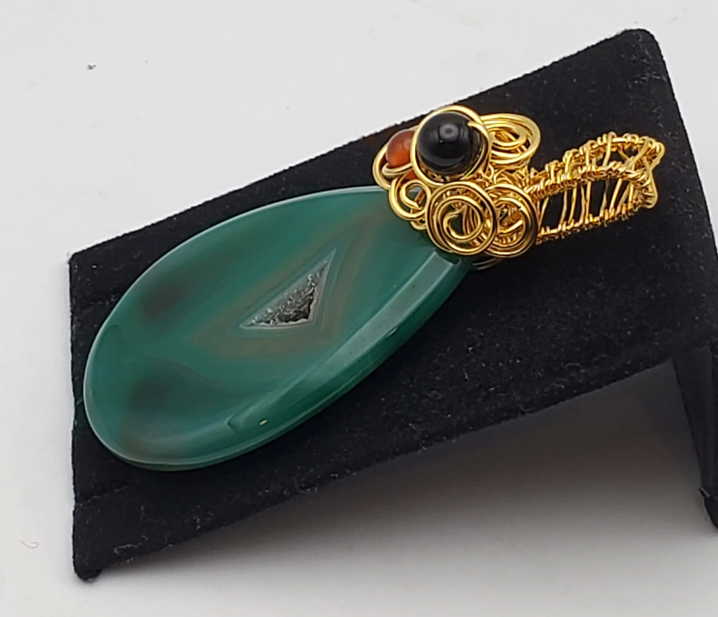 Dyed Green Geode Slice Gold Tone Wire Wrapped Pendant