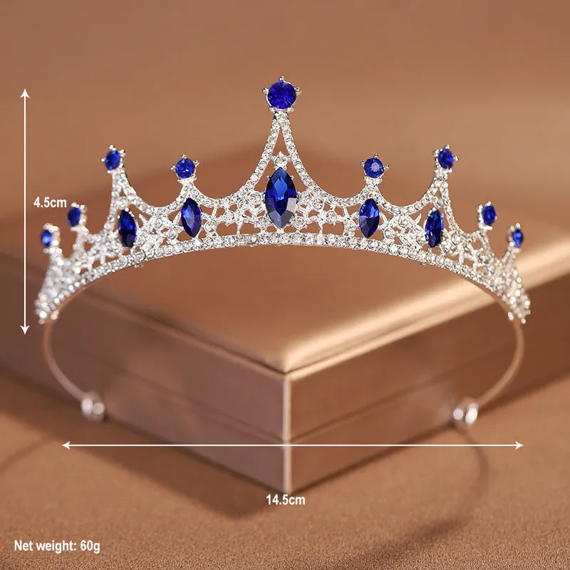 Elegant bridal blue diamond headband wedding birthday princess crown wedding dress crown tiara women's necklace three-piece set