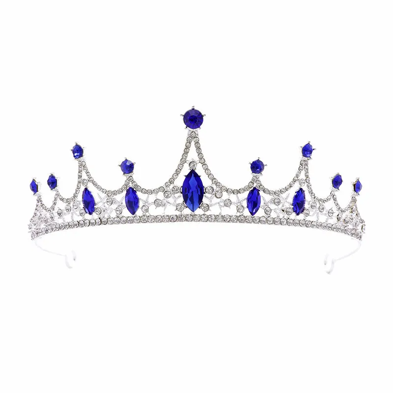 Elegant bridal blue diamond headband wedding birthday princess crown wedding dress crown tiara women's necklace three-piece set