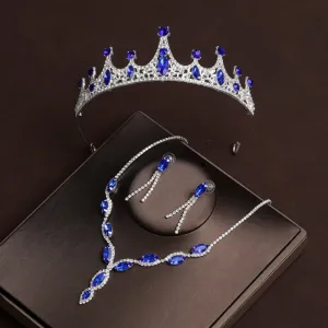 Elegant bridal blue diamond headband wedding birthday princess crown wedding dress crown tiara women's necklace three-piece set