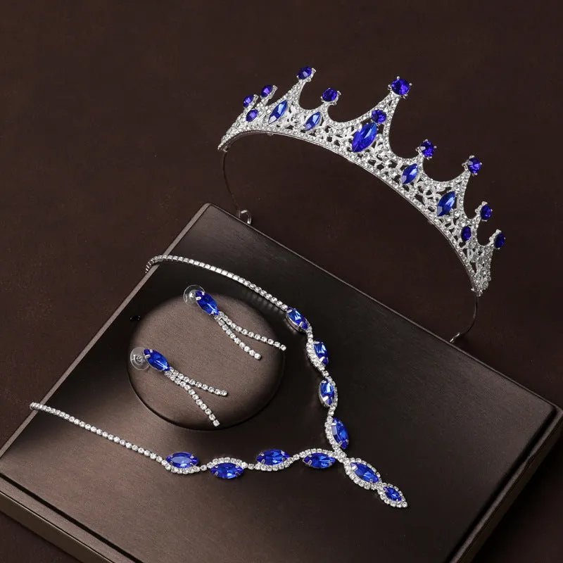 Elegant bridal blue diamond headband wedding birthday princess crown wedding dress crown tiara women's necklace three-piece set