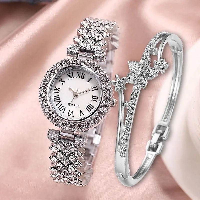 Fashion Luxury Diamond Quartz Watch Double-layer Diamond Bracelet 2PCs