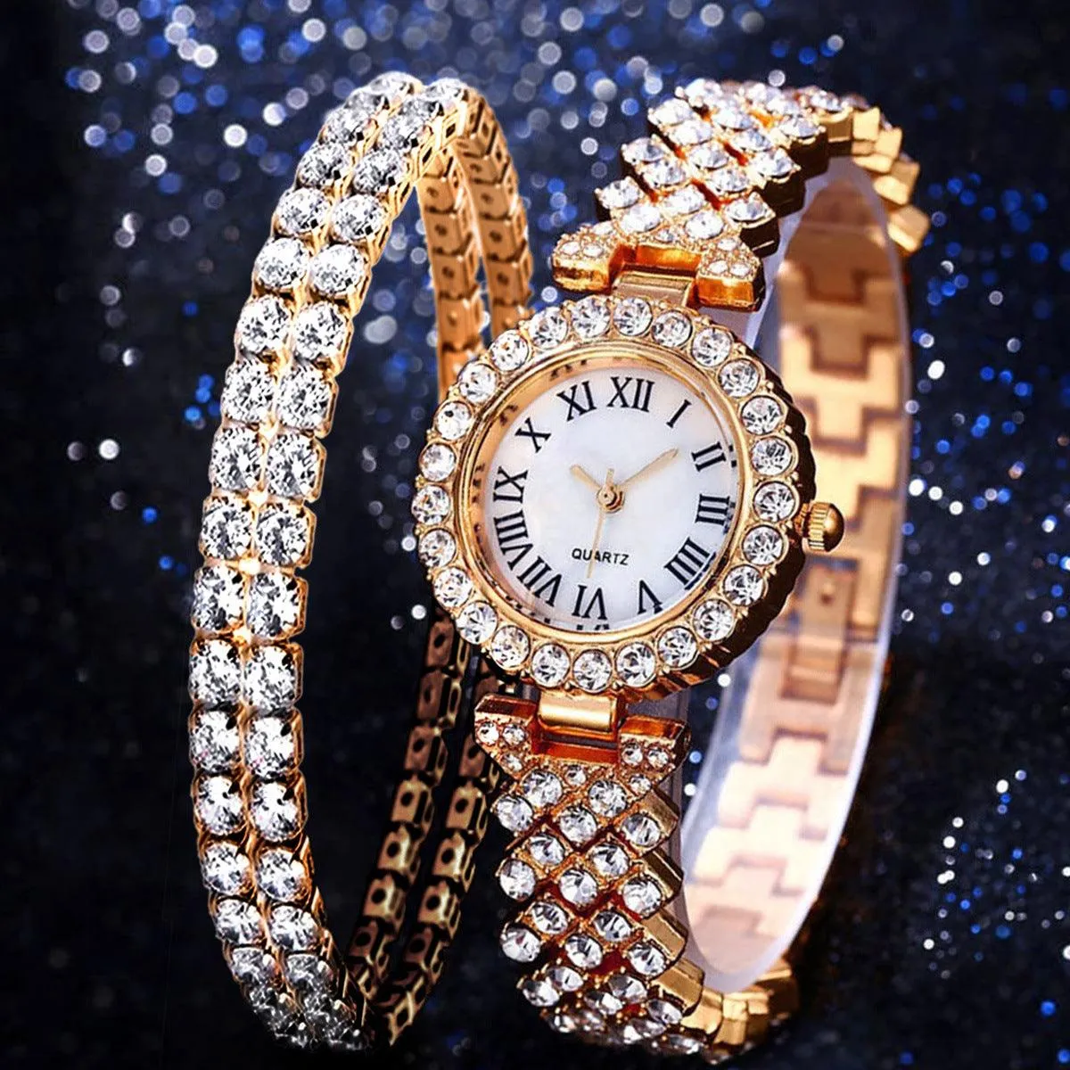 Fashion Luxury Diamond Quartz Watch Double-layer Diamond Bracelet 2PCs