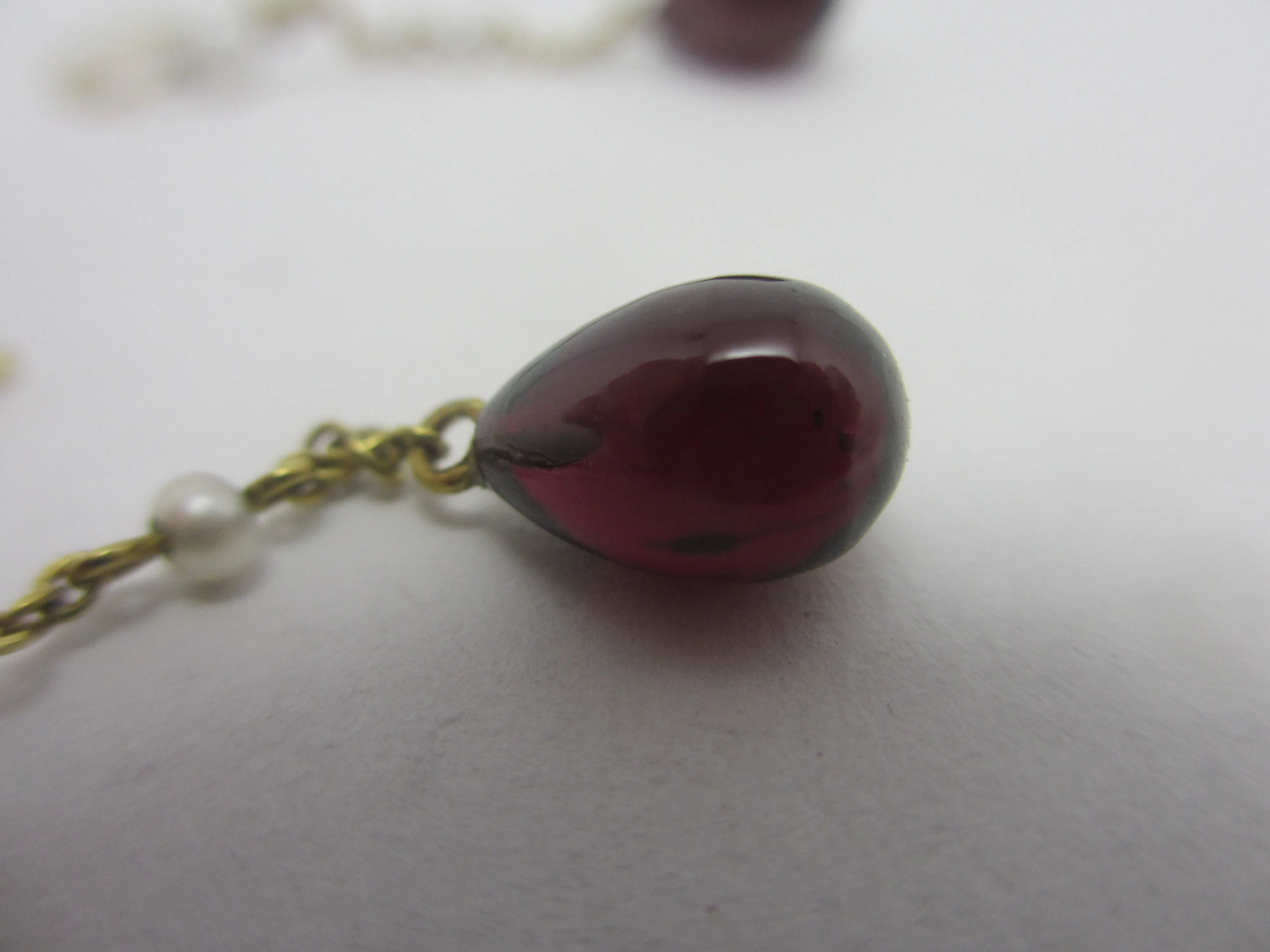 Garnet Tear Drop Seed Pearl 9k Gold Dangling Ear Pendant Earrings Vintage c1980