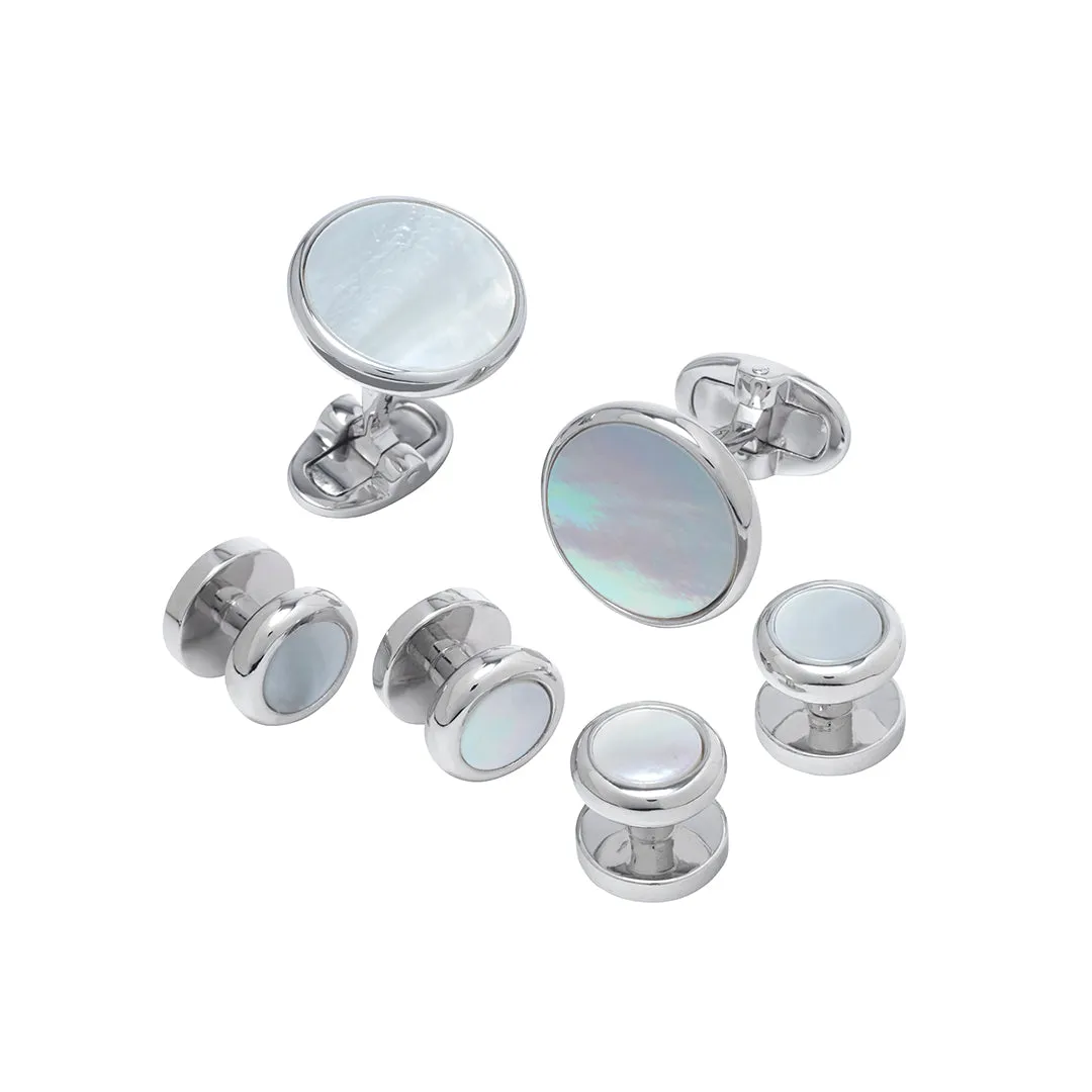 Gemstone Inlay Round Sterling Cufflink & Tuxedo Stud Set