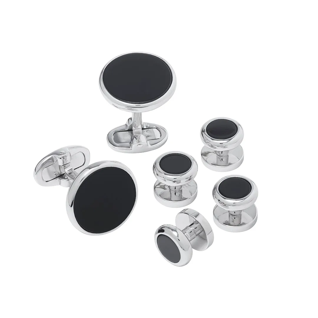 Gemstone Inlay Round Sterling Cufflink & Tuxedo Stud Set