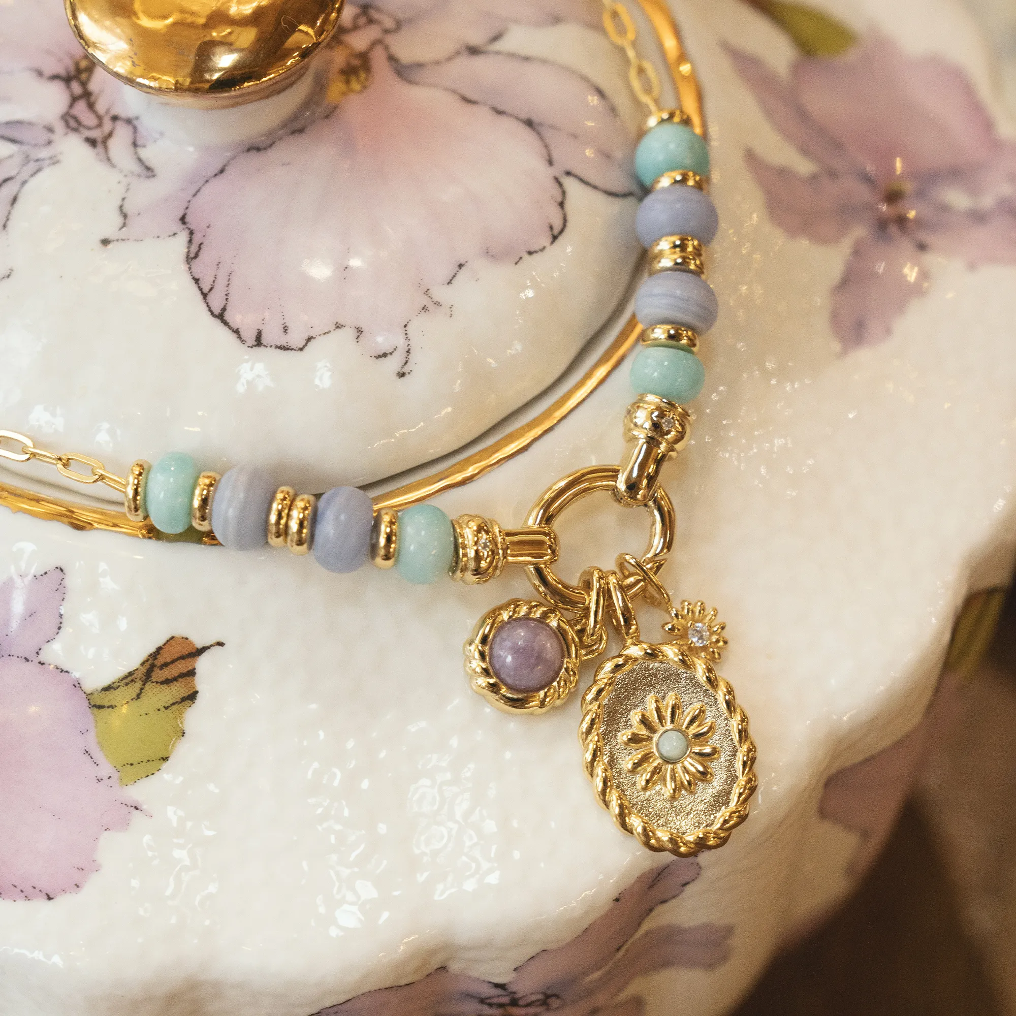 Gold Amazonite and Agate Charm Connector Necklace