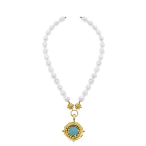 Gold Pendant and Aqua Quartz Freshwater Pearl Necklace