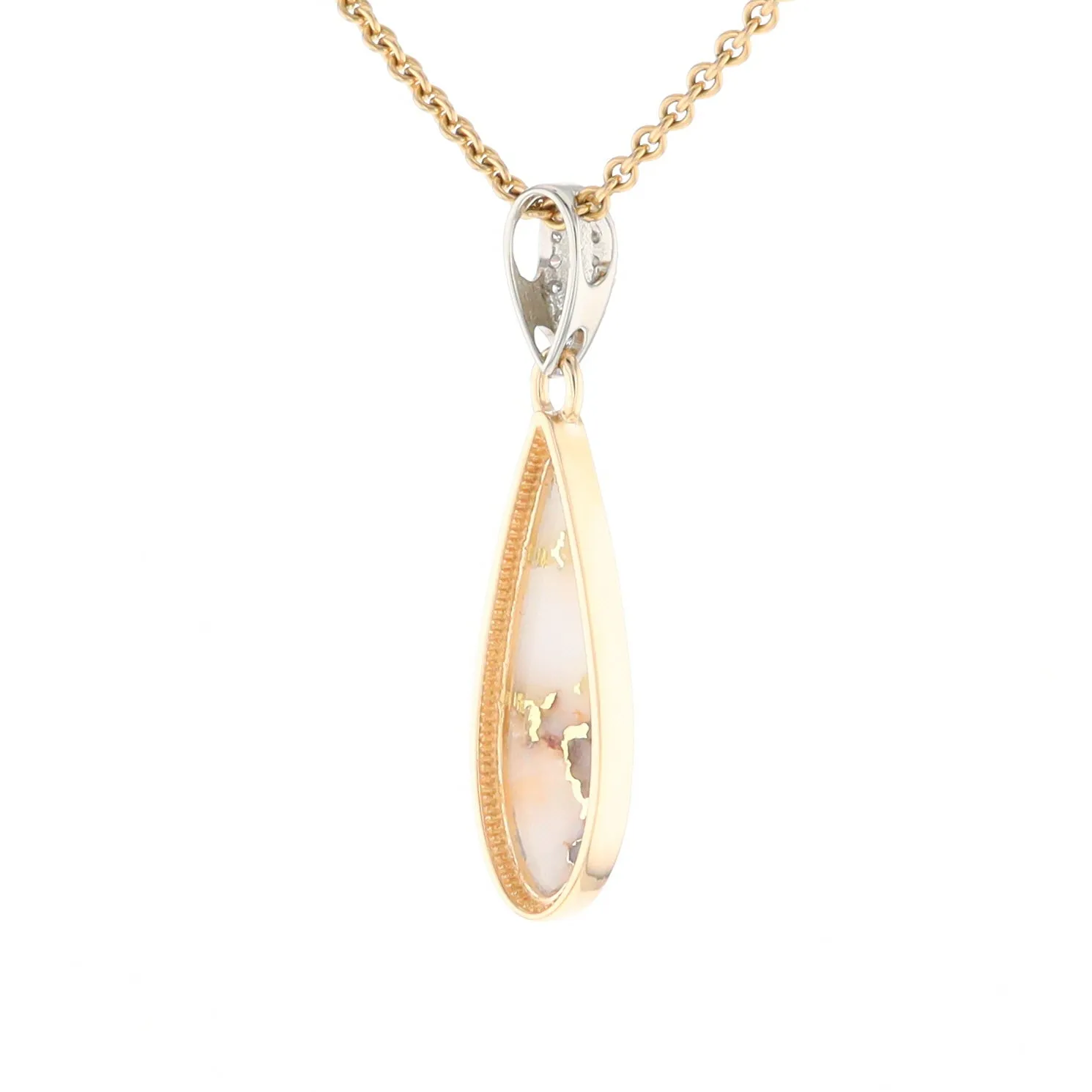 Gold Quartz Necklace, Tear Drop Inlaid Design with .11ctw Diamond Pave Pendant