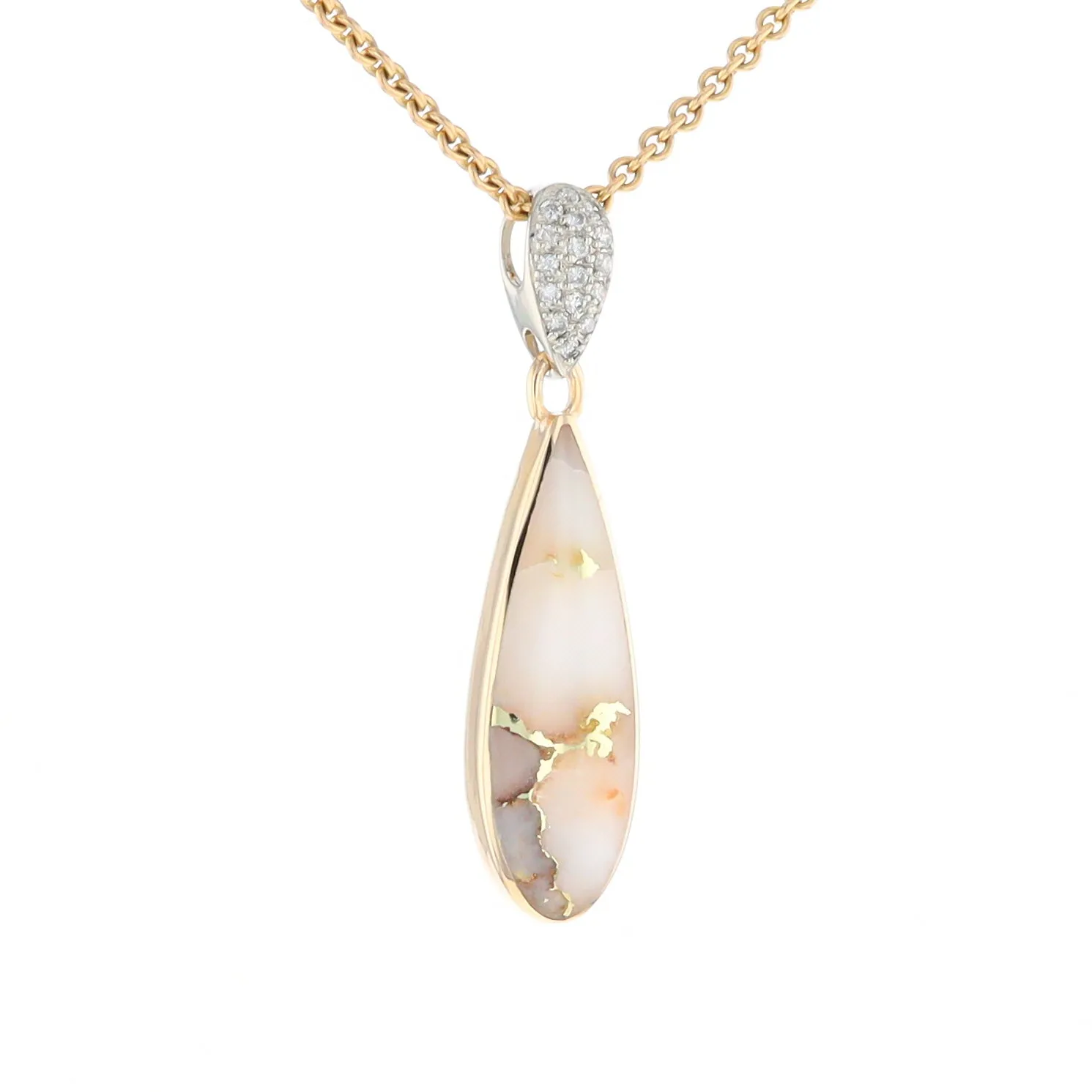 Gold Quartz Necklace, Tear Drop Inlaid Design with .11ctw Diamond Pave Pendant