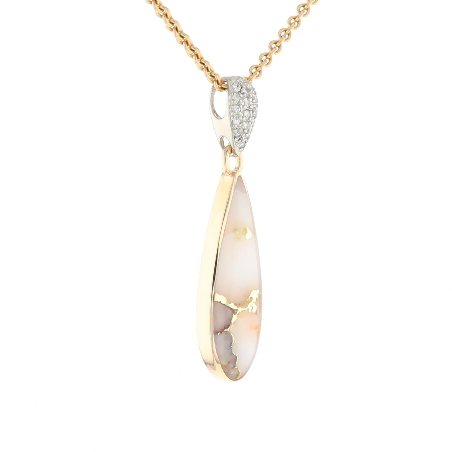 Gold Quartz Necklace, Tear Drop Inlaid Design with .11ctw Diamond Pave Pendant