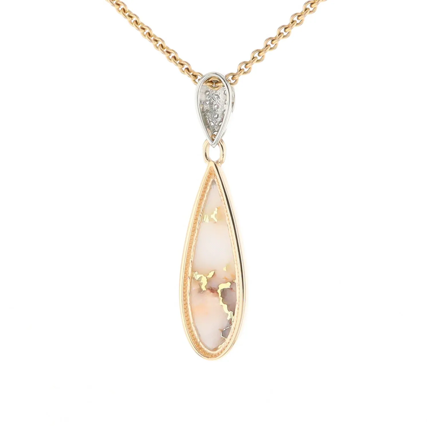 Gold Quartz Necklace, Tear Drop Inlaid Design with .11ctw Diamond Pave Pendant