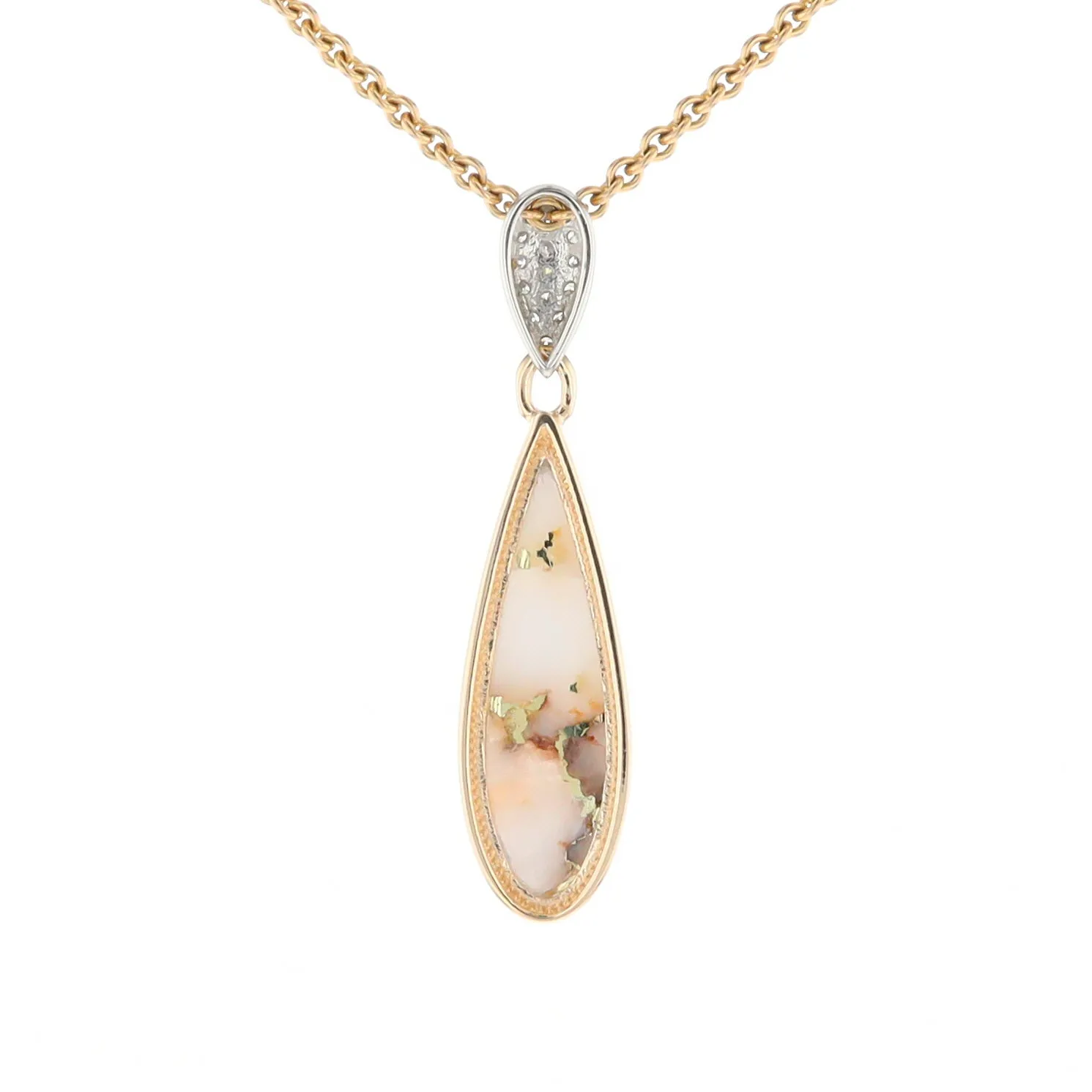 Gold Quartz Necklace, Tear Drop Inlaid Design with .11ctw Diamond Pave Pendant