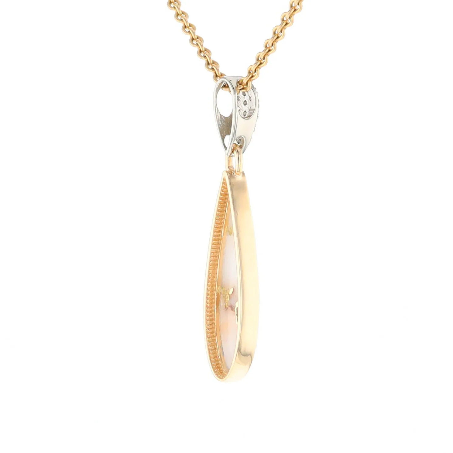 Gold Quartz Necklace, Tear Drop Inlaid Design with .11ctw Diamond Pave Pendant