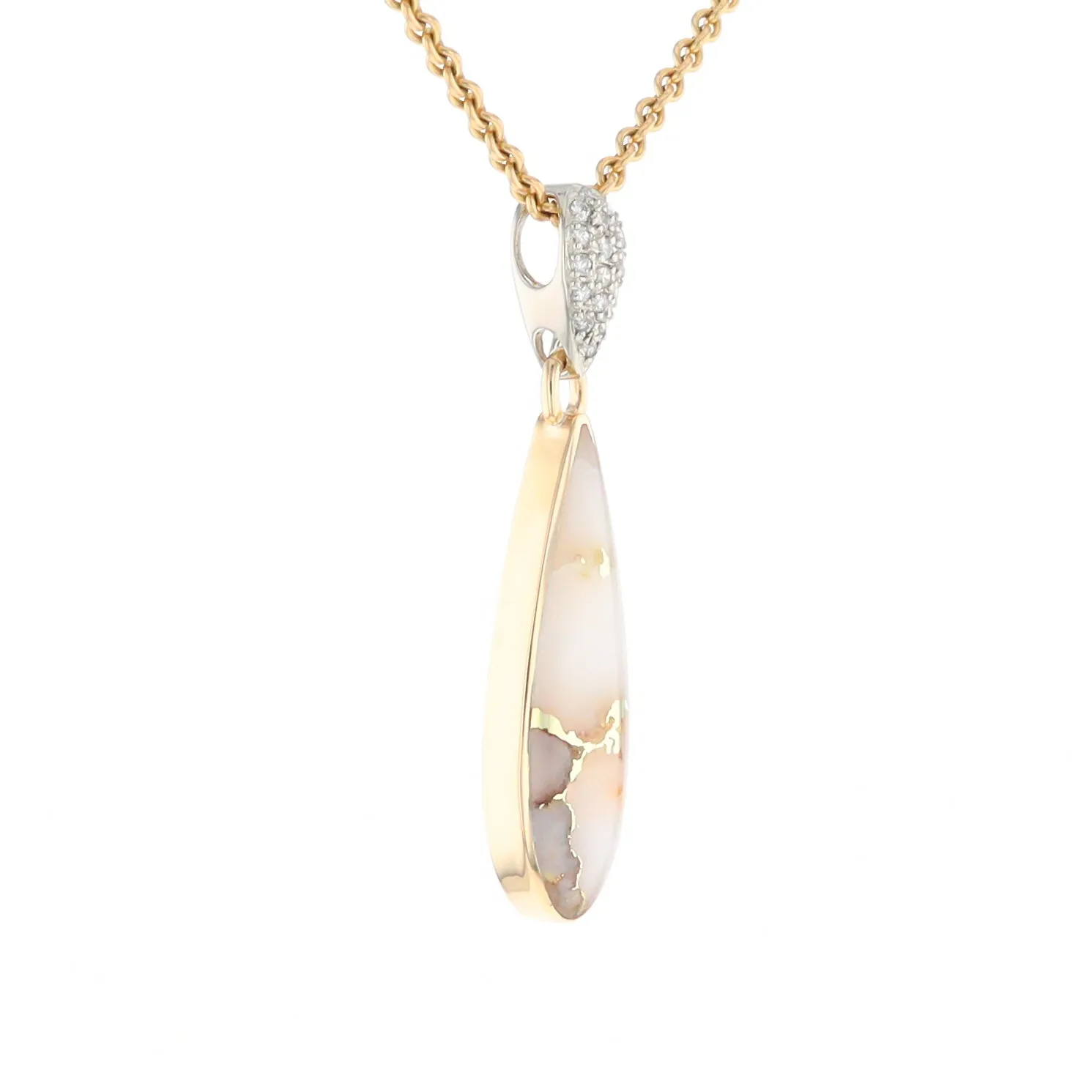 Gold Quartz Necklace, Tear Drop Inlaid Design with .11ctw Diamond Pave Pendant