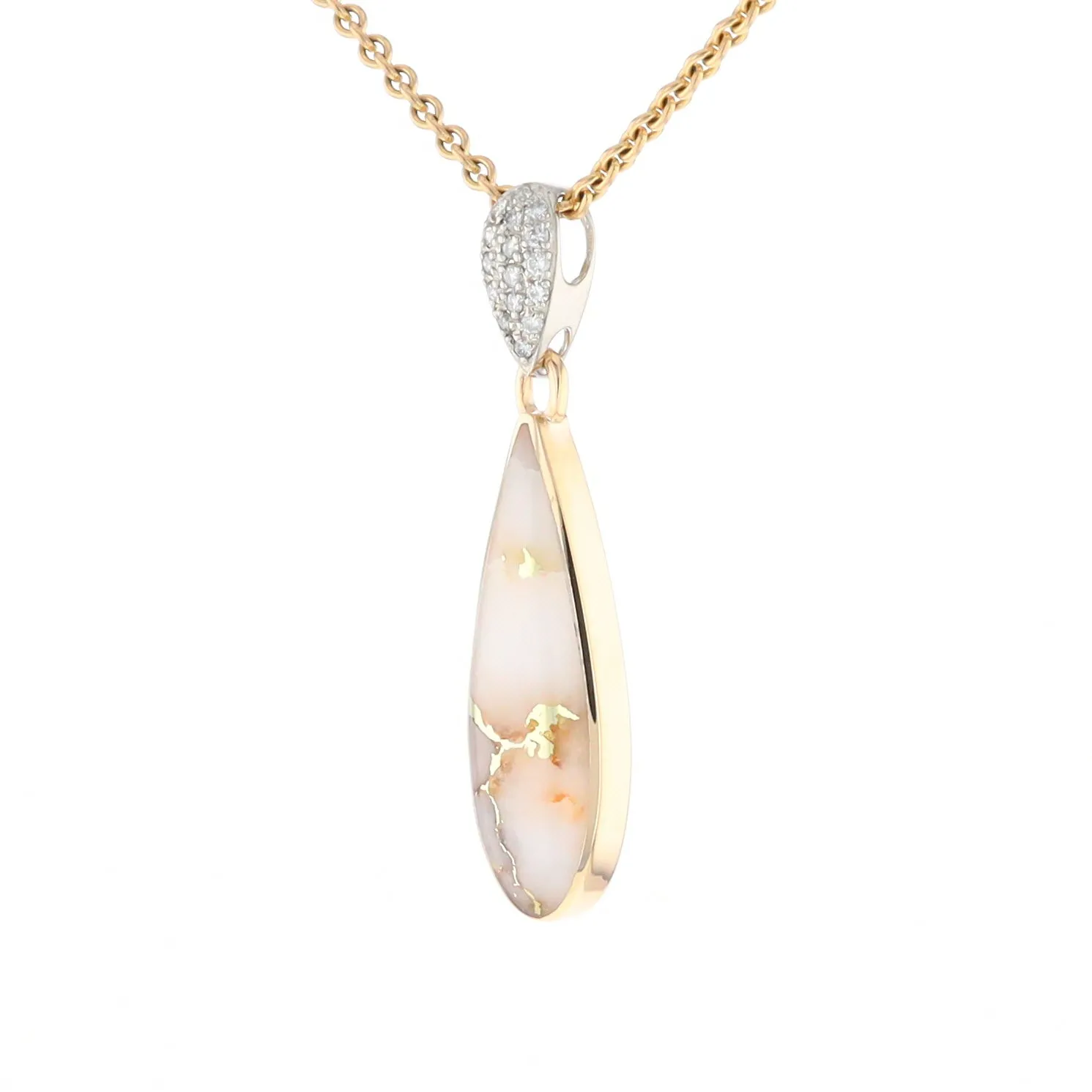 Gold Quartz Necklace, Tear Drop Inlaid Design with .11ctw Diamond Pave Pendant