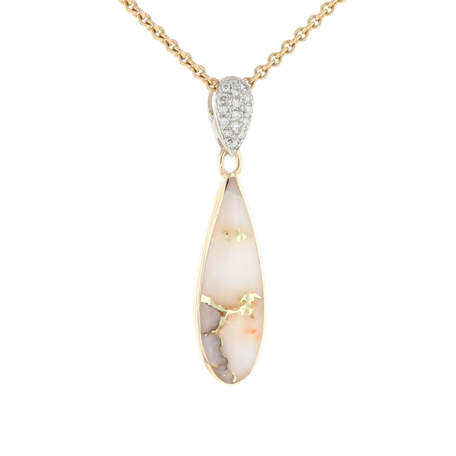 Gold Quartz Necklace, Tear Drop Inlaid Design with .11ctw Diamond Pave Pendant