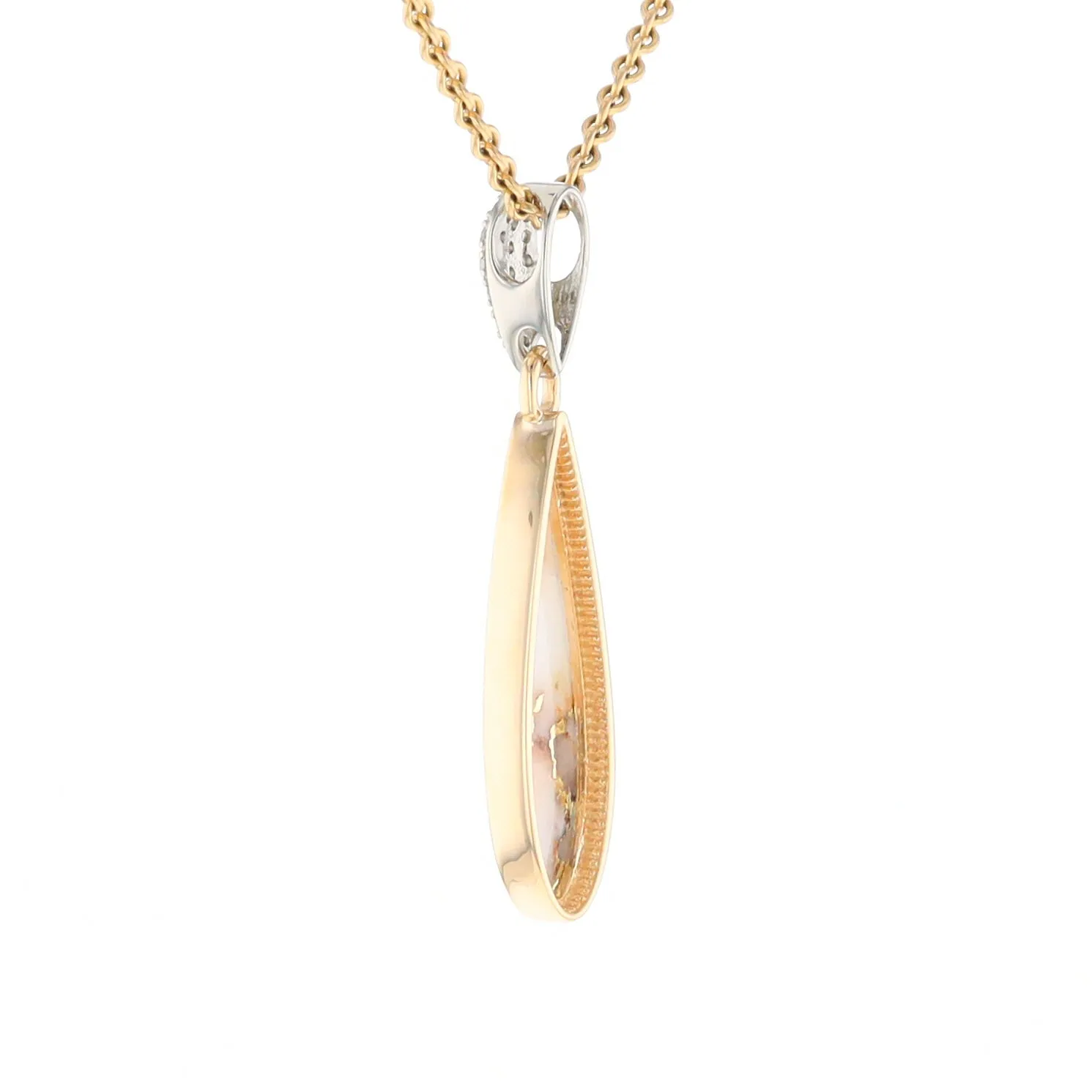 Gold Quartz Necklace, Tear Drop Inlaid Design with .11ctw Diamond Pave Pendant