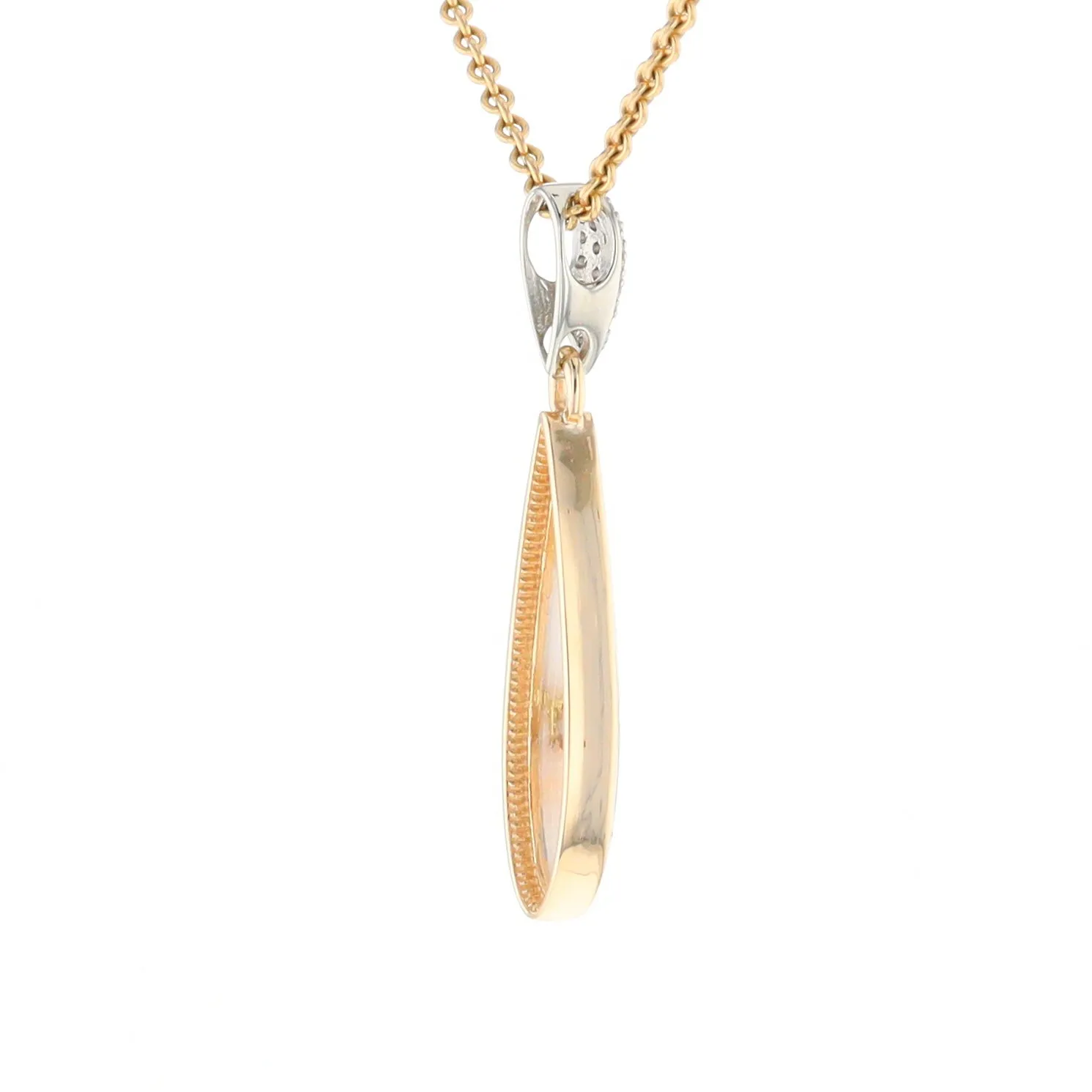 Gold Quartz Necklace, Tear Drop Inlaid Design with .11ctw Diamond Pave Pendant