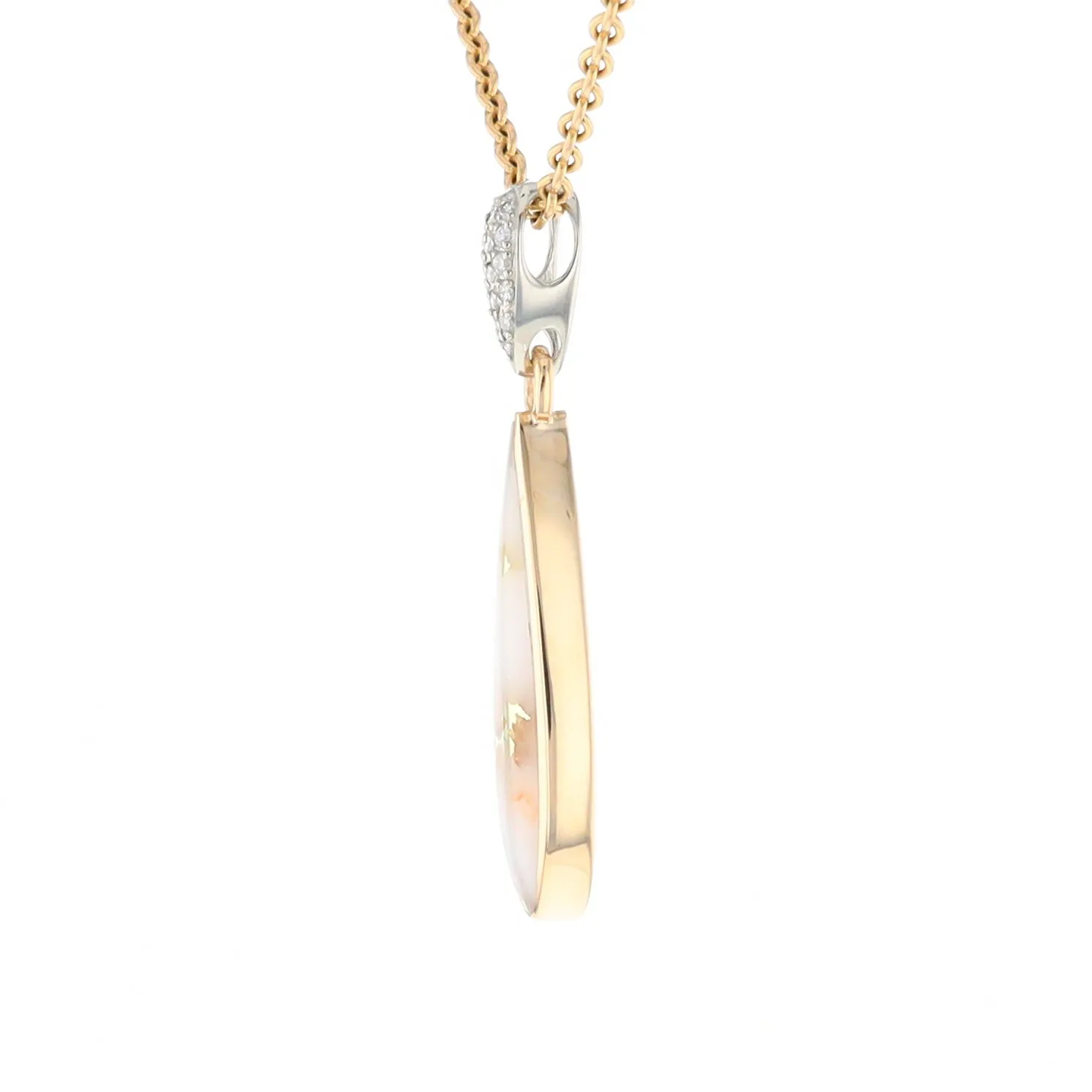 Gold Quartz Necklace, Tear Drop Inlaid Design with .11ctw Diamond Pave Pendant