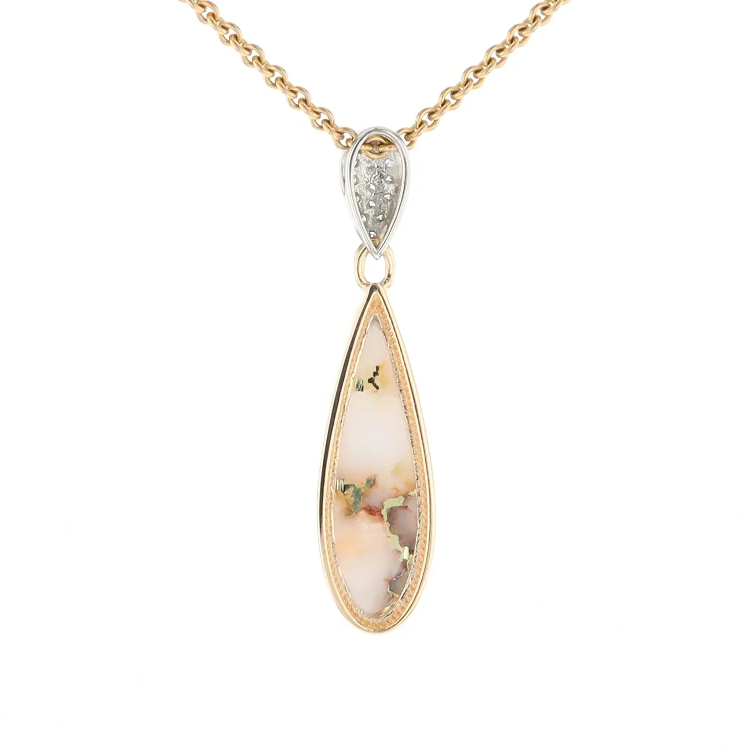 Gold Quartz Necklace, Tear Drop Inlaid Design with .11ctw Diamond Pave Pendant