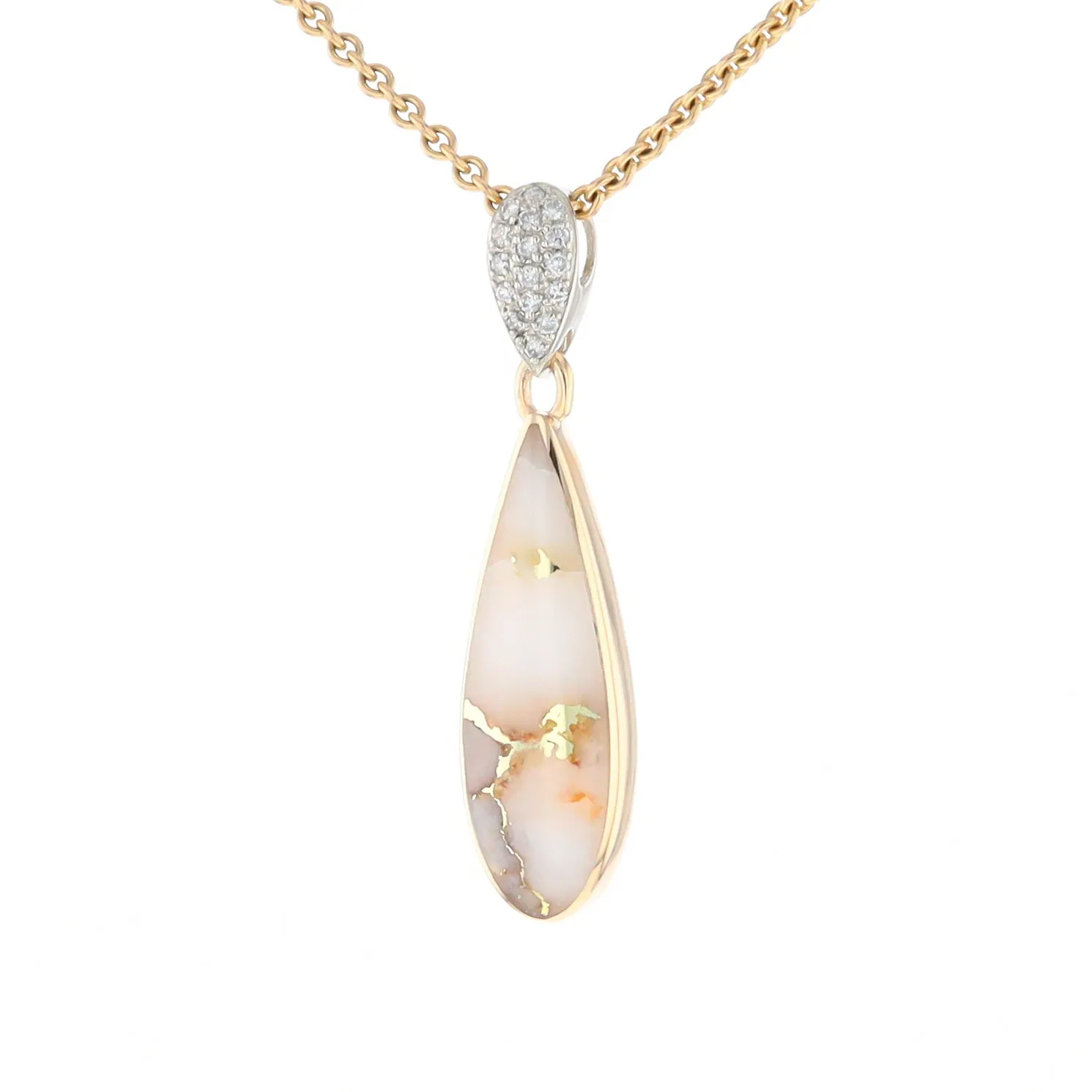 Gold Quartz Necklace, Tear Drop Inlaid Design with .11ctw Diamond Pave Pendant