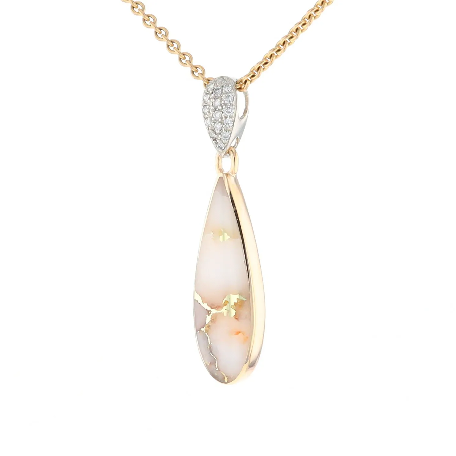 Gold Quartz Necklace, Tear Drop Inlaid Design with .11ctw Diamond Pave Pendant