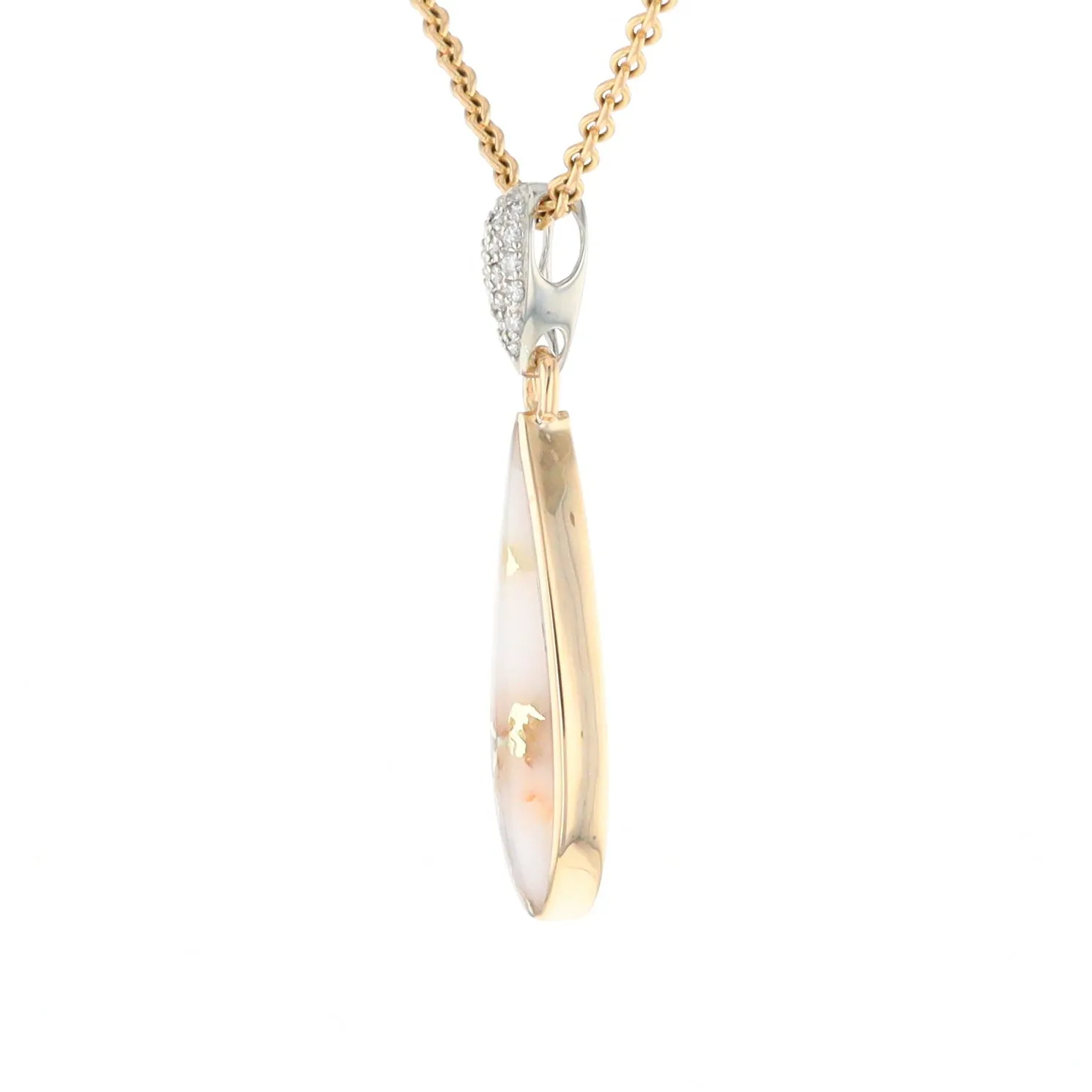 Gold Quartz Necklace, Tear Drop Inlaid Design with .11ctw Diamond Pave Pendant