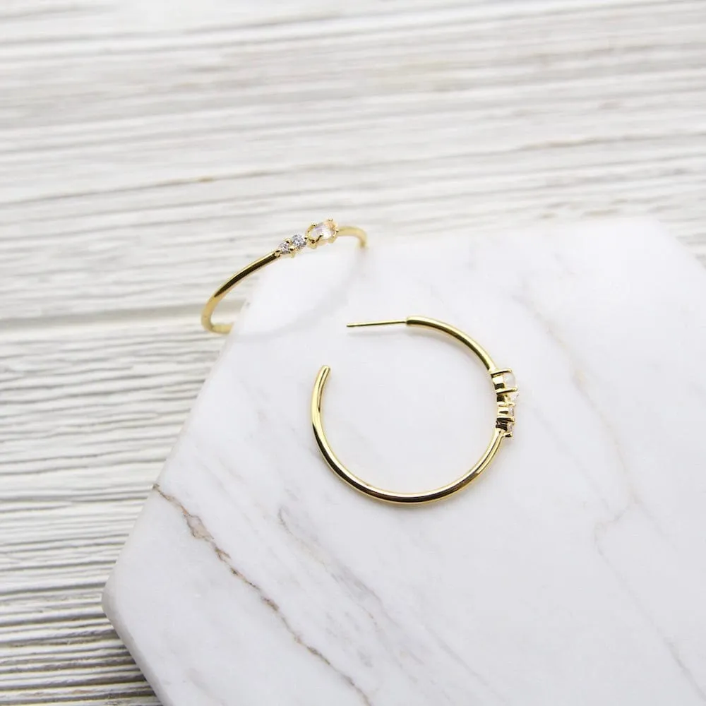 Gold Vermeil Rainbow Moonstone and Cubic Zirconium Hoop