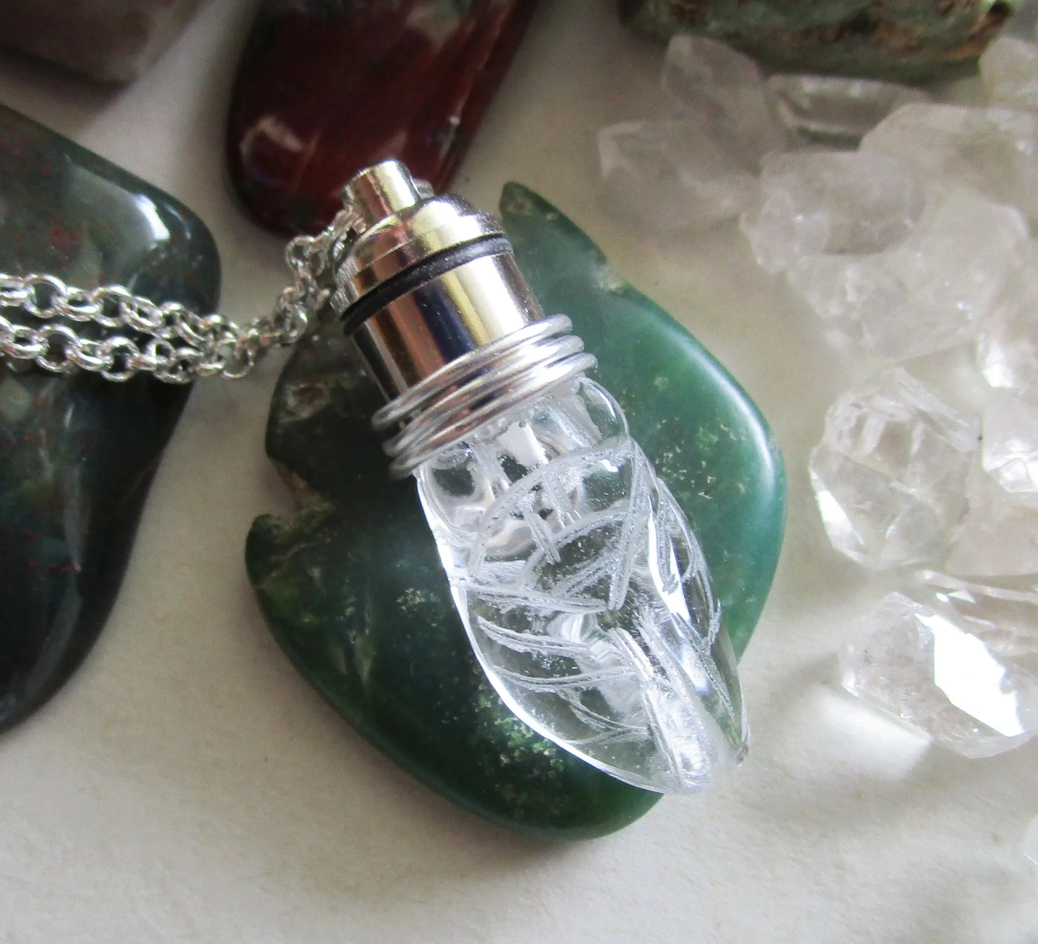 Green Light Up Cicada Quartz Natural Crystal Pendant Necklace