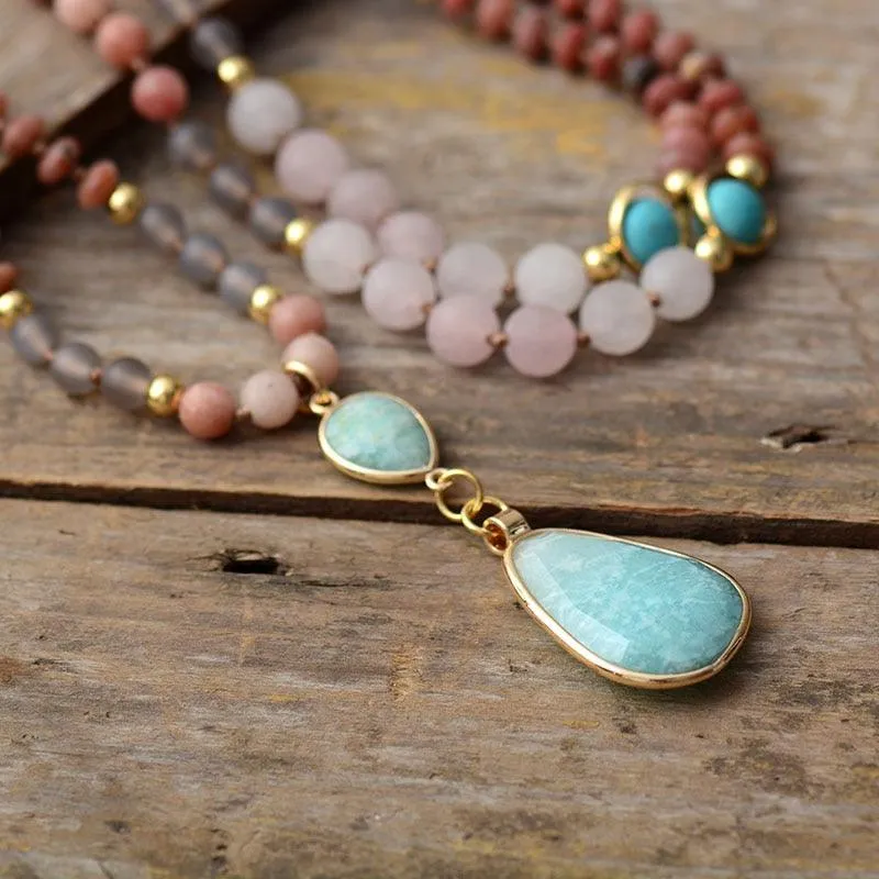 Gubarra Rose Quartz Turquoise Jasper Amazonite Pendant Necklace