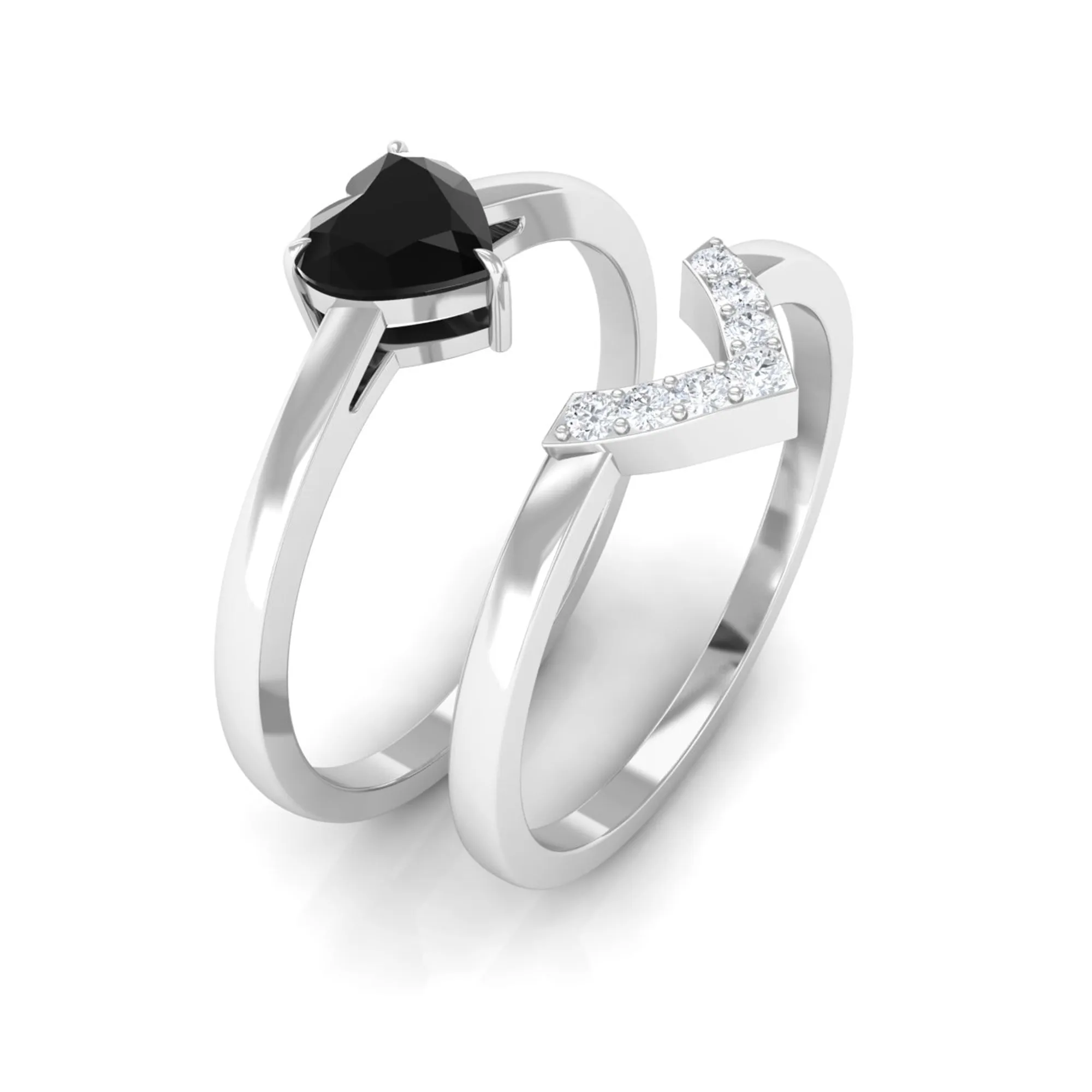 Heart Shape Black Onyx and Diamond Ring Set