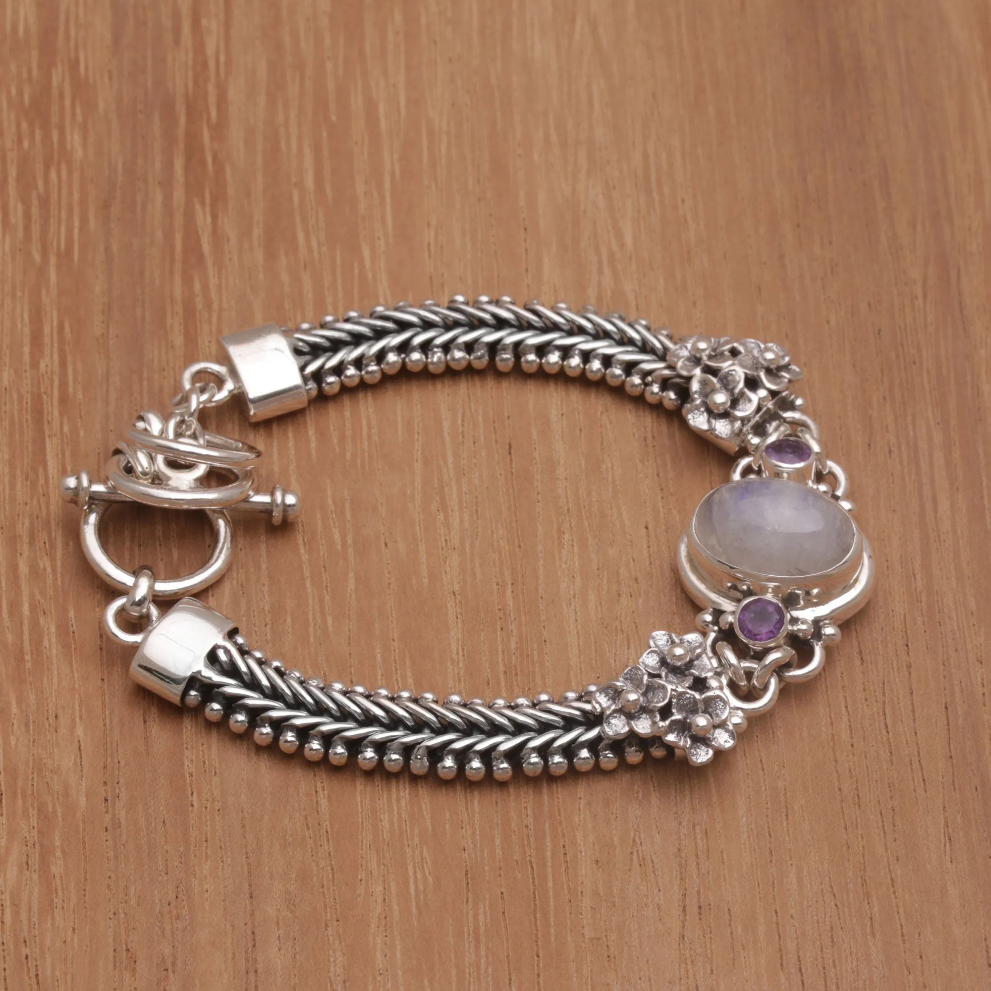 Jepun Glow Rainbow Moonstone & Silver Link Bracelet