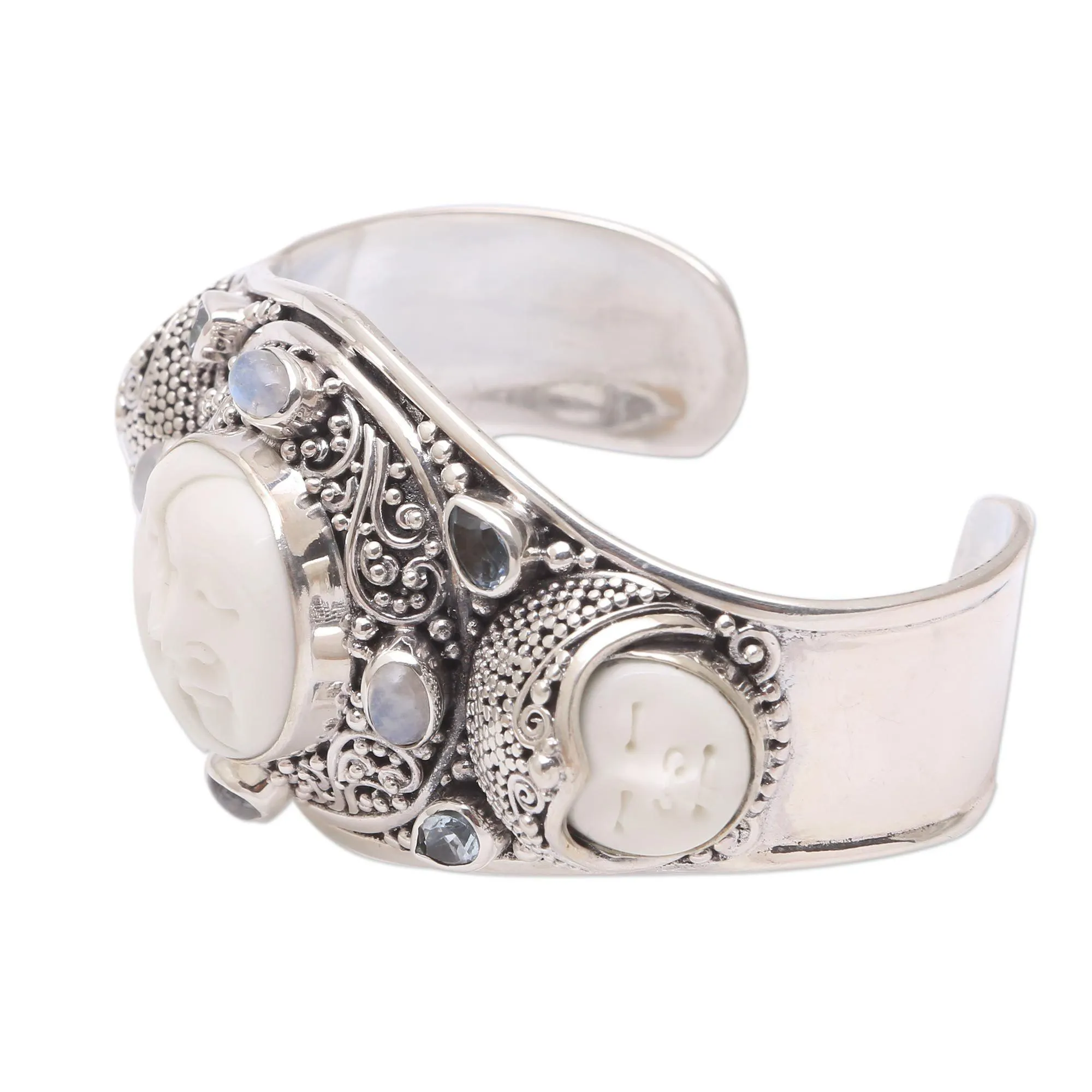 Keeper of the Moon Multi-Gem Sterling Silver & Bone Cuff Bracelet