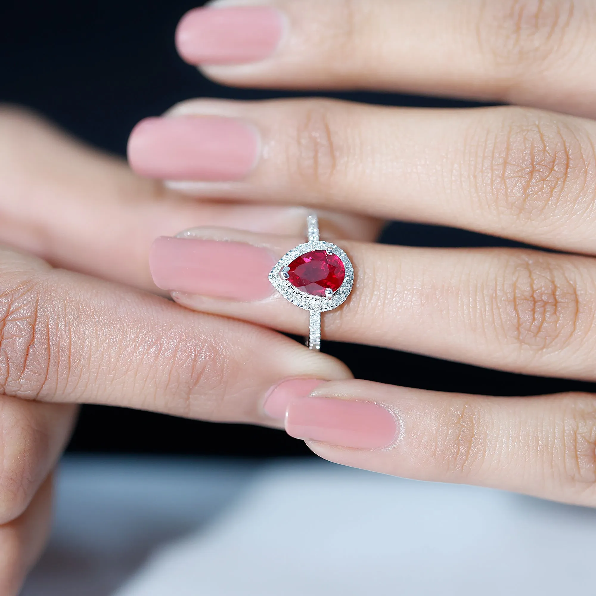 Lab Grown Ruby Teardrop Engagement Ring with Diamond Halo