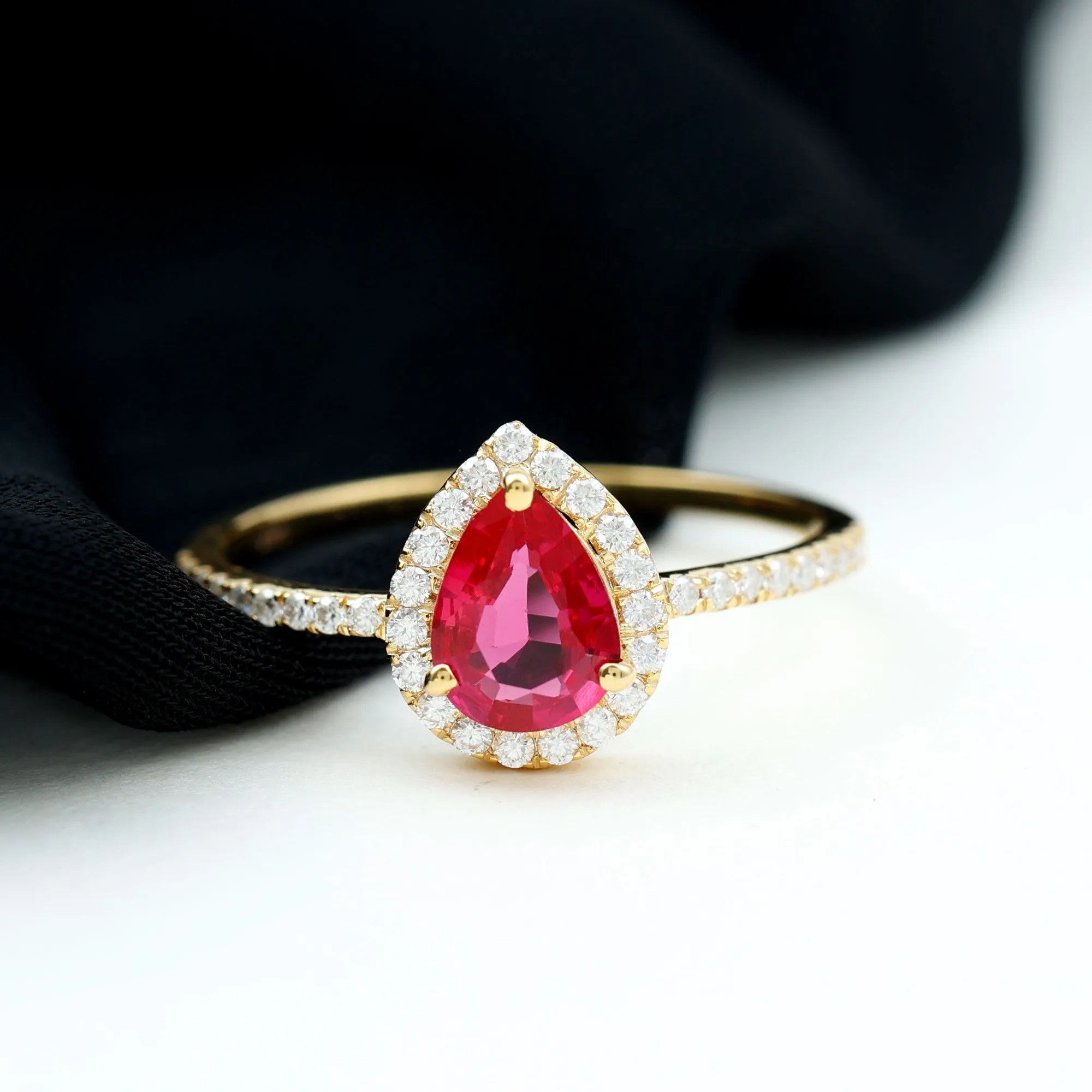 Lab Grown Ruby Teardrop Engagement Ring with Diamond Halo