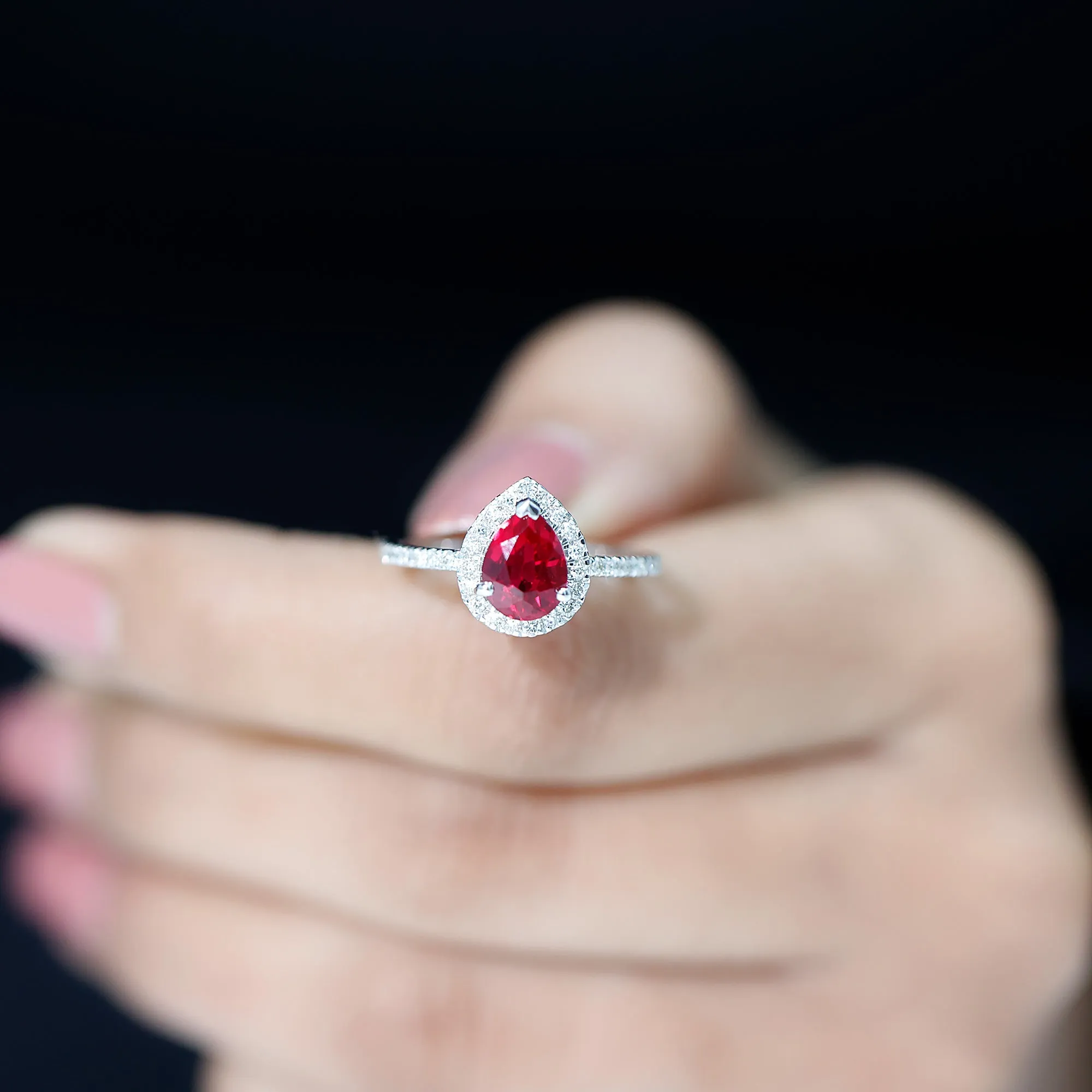 Lab Grown Ruby Teardrop Engagement Ring with Diamond Halo