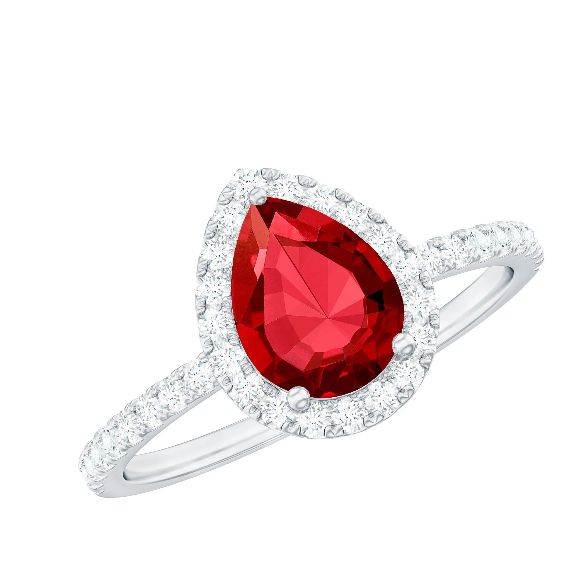 Lab Grown Ruby Teardrop Engagement Ring with Diamond Halo