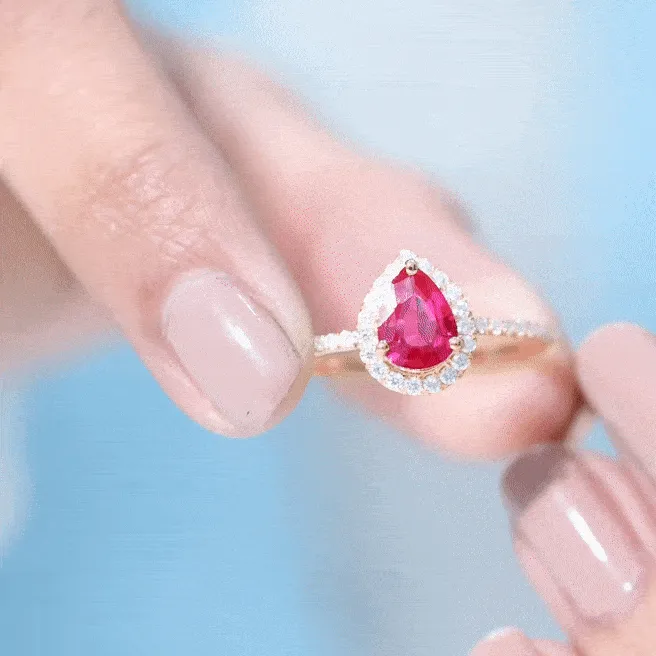 Lab Grown Ruby Teardrop Engagement Ring with Diamond Halo