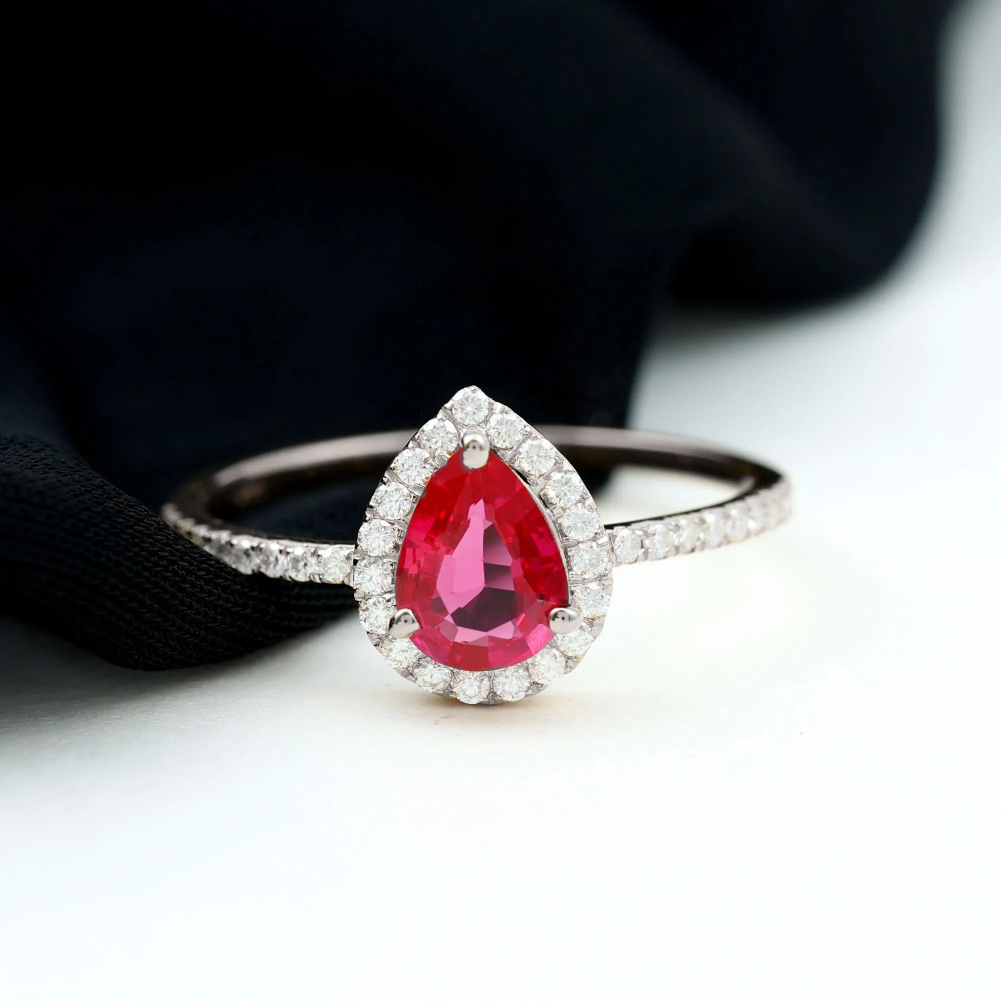 Lab Grown Ruby Teardrop Engagement Ring with Diamond Halo