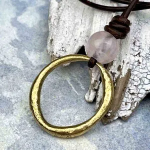 Large Bright Oval Bronze Celtic Ring Money & Genuine Rose Quartz Leather Necklace | Artifact #8369