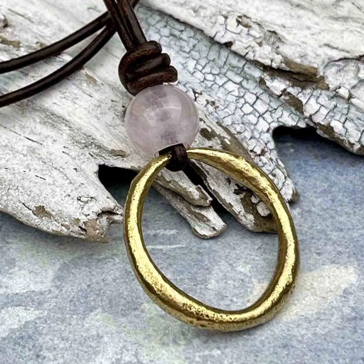 Large Bright Oval Bronze Celtic Ring Money & Genuine Rose Quartz Leather Necklace | Artifact #8369