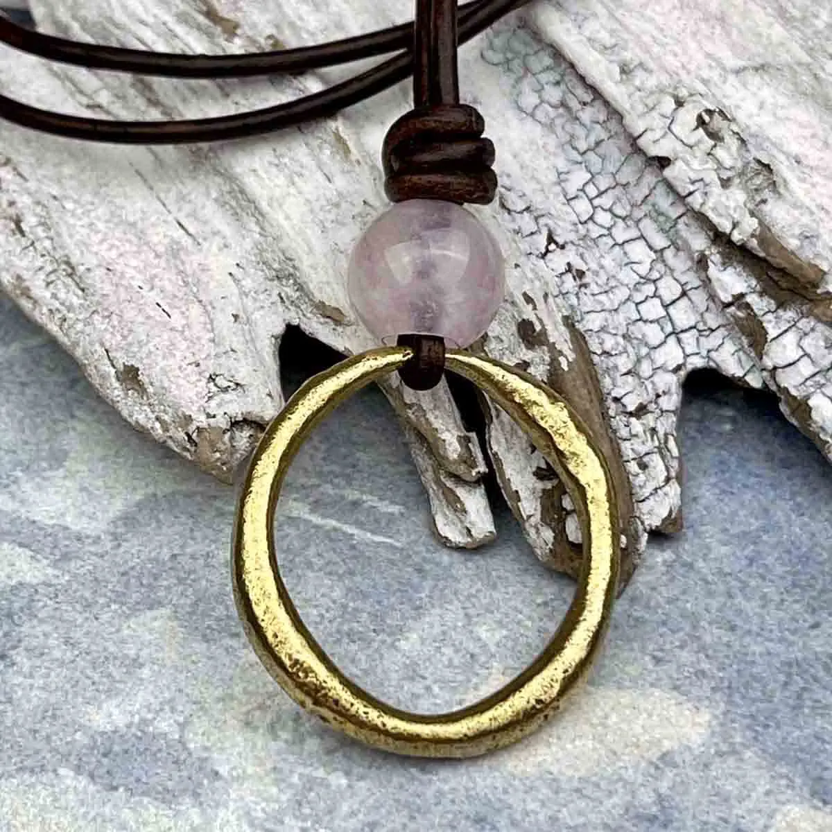 Large Bright Oval Bronze Celtic Ring Money & Genuine Rose Quartz Leather Necklace | Artifact #8369