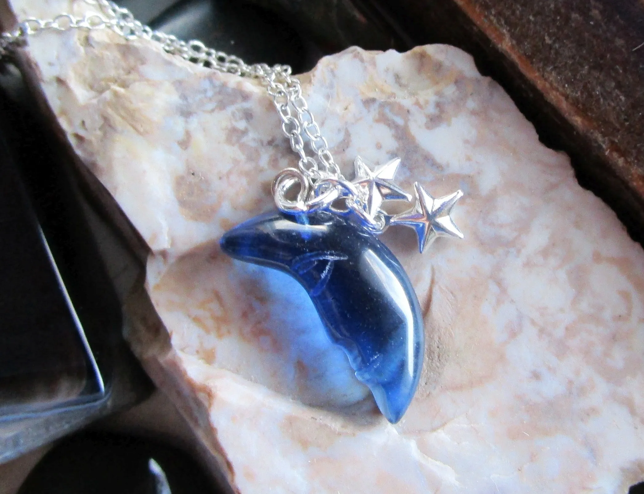 London Blue Moon Quartz Silver Stars Celestial Pendant Necklace