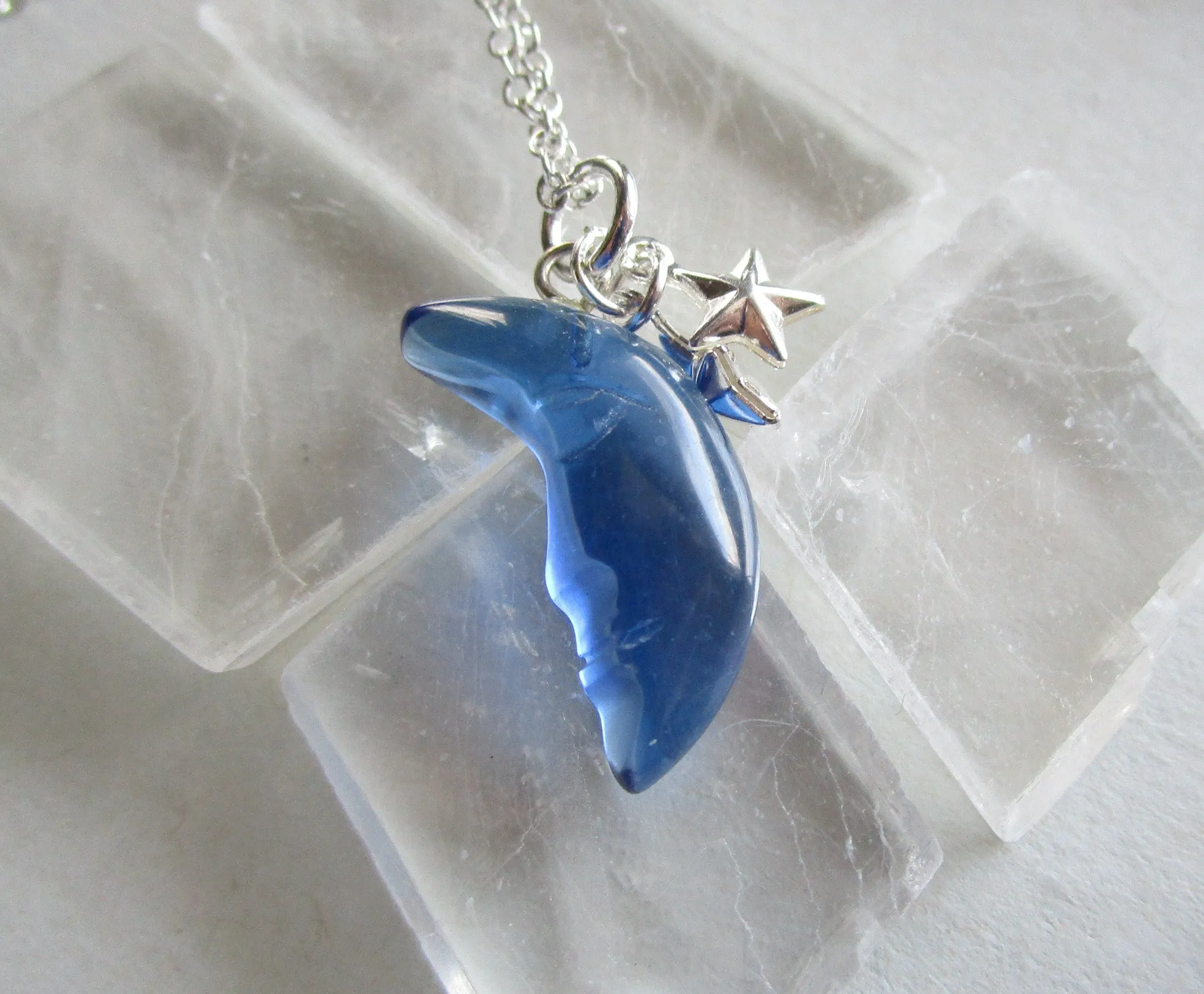 London Blue Moon Quartz Silver Stars Celestial Pendant Necklace