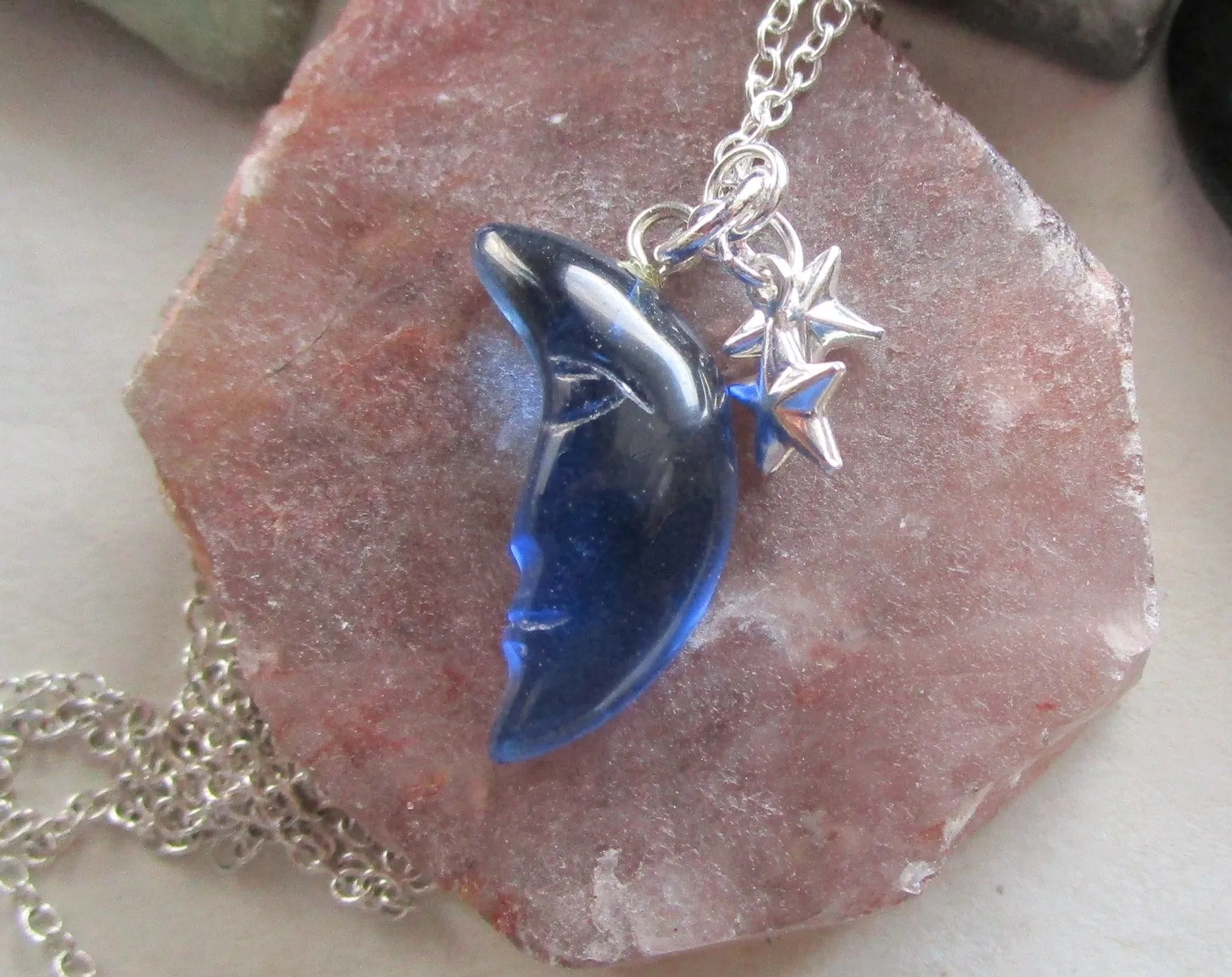 London Blue Moon Quartz Silver Stars Celestial Pendant Necklace