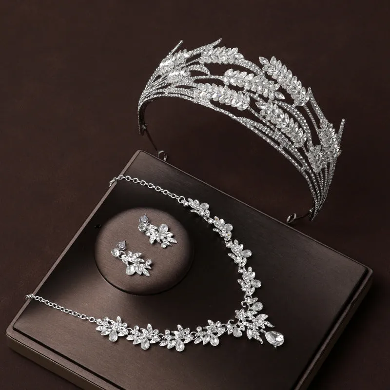 Luxury Leaf Crystal Bridal Jewelry Sets Rhinestone Flower Tiara Crown Necklace Earring Set For Women Bride Wedding Jewelry Set