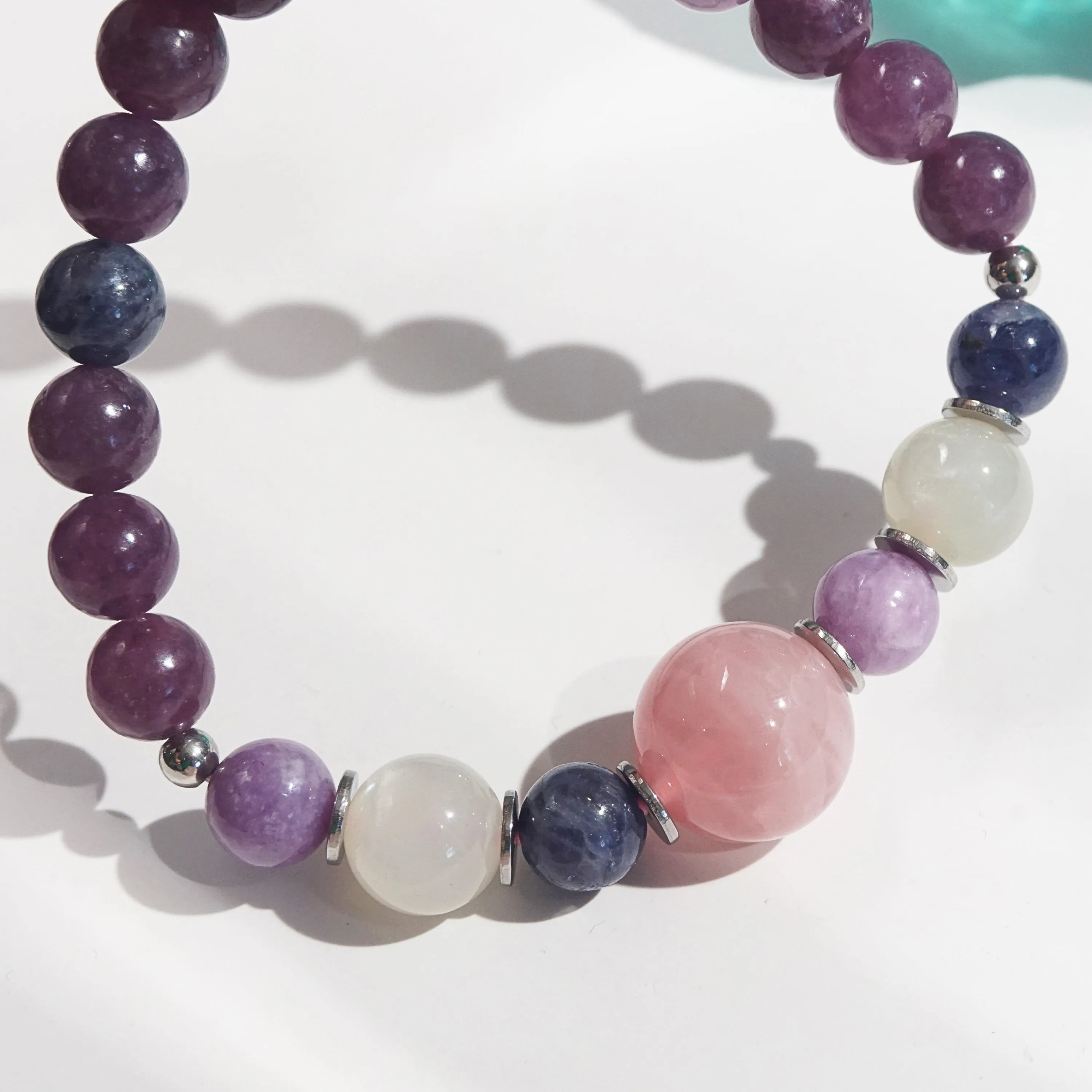 Madagascar Rose Quartz, Lepidolite, Sodalite, and Moonstone