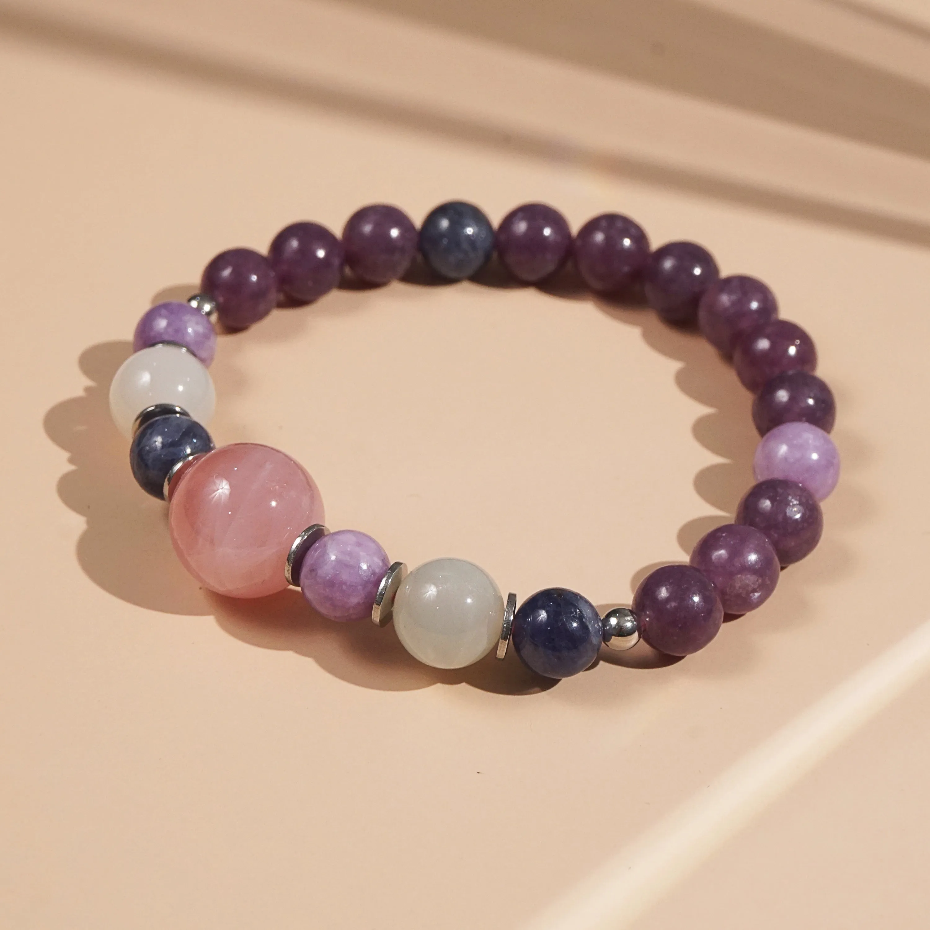 Madagascar Rose Quartz, Lepidolite, Sodalite, and Moonstone