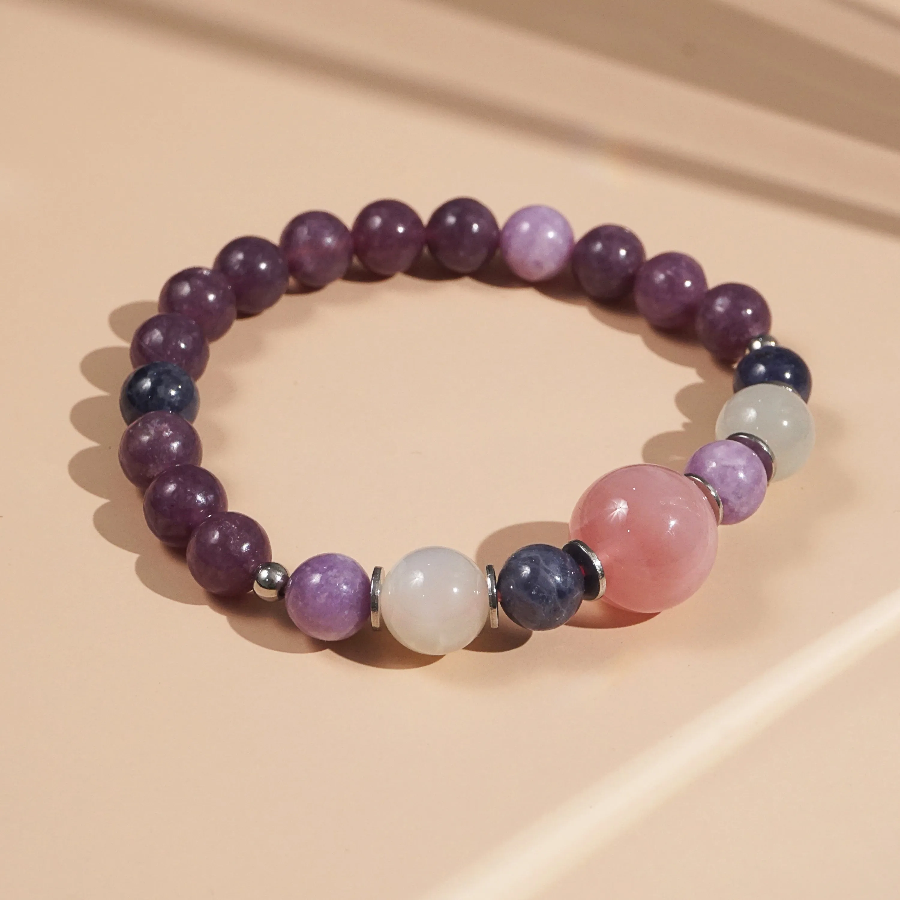 Madagascar Rose Quartz, Lepidolite, Sodalite, and Moonstone